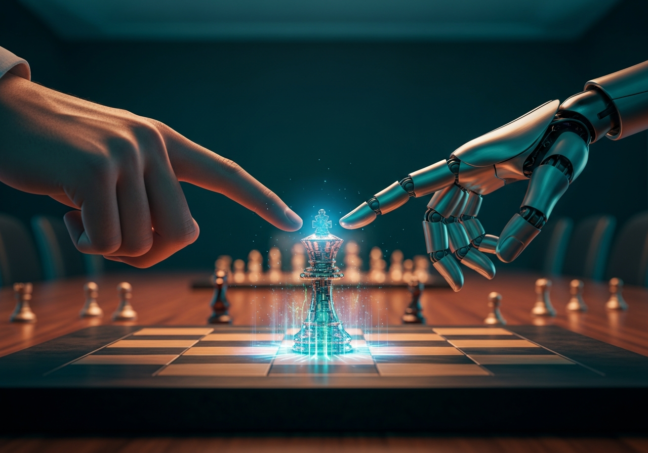 Robotic and human hands reaching toward a glowing chess piece