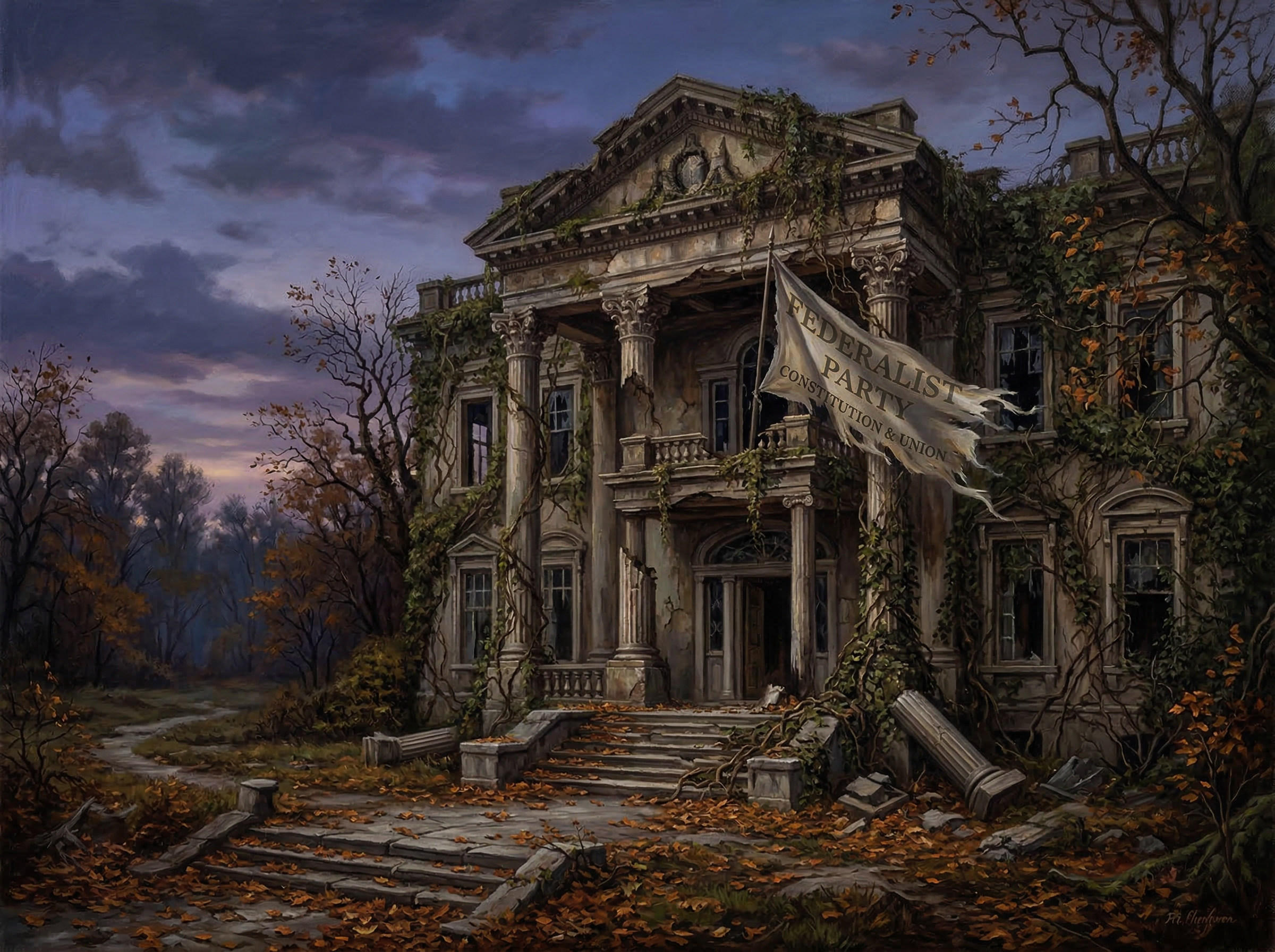 A fading neoclassical building overgrown with vines, a tattered banner blowing in the wind at twilight