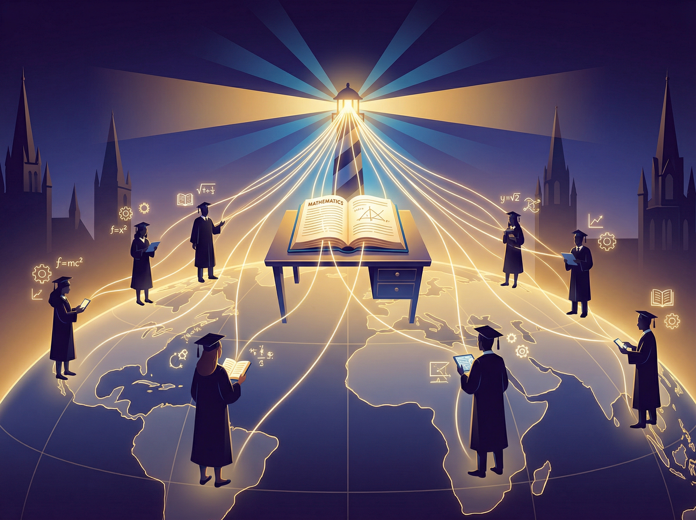 An open mathematics textbook radiating light outward like a beacon, connecting to silhouettes of students around the world