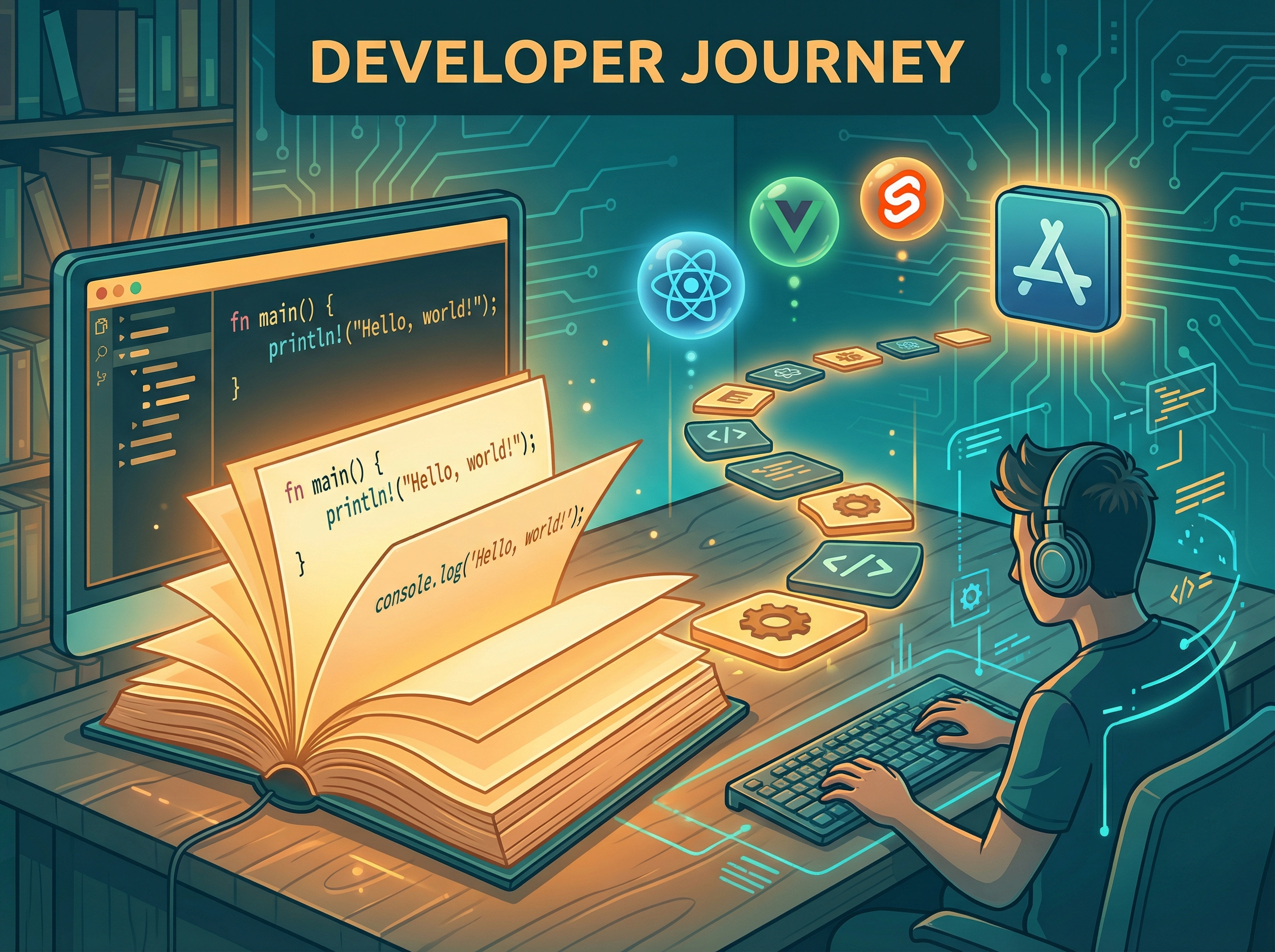 Book transforming into code editor with Rust and JavaScript syntax