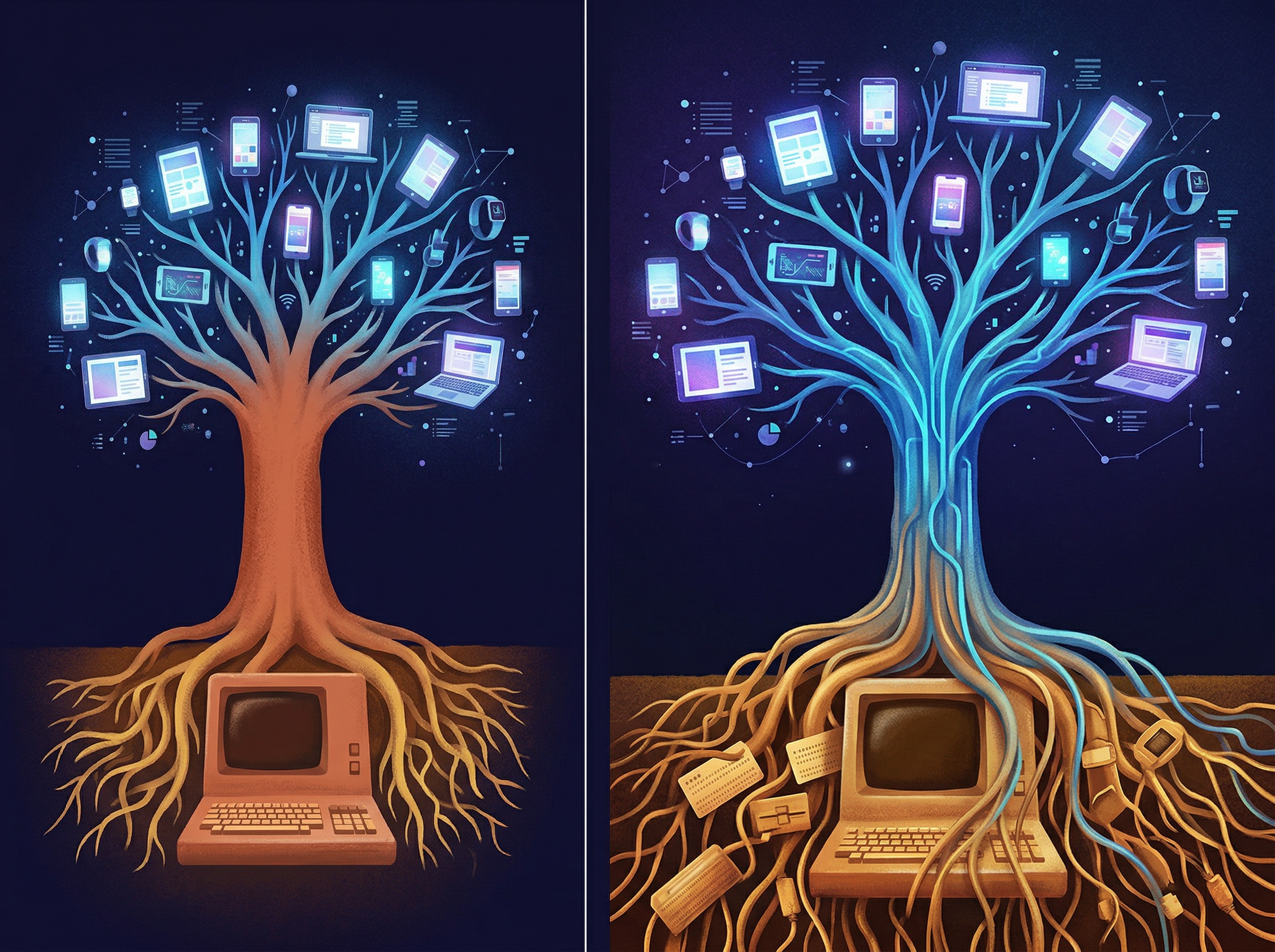 A knowledge tree with roots shaped like a 1970s computer and branches growing into modern devices