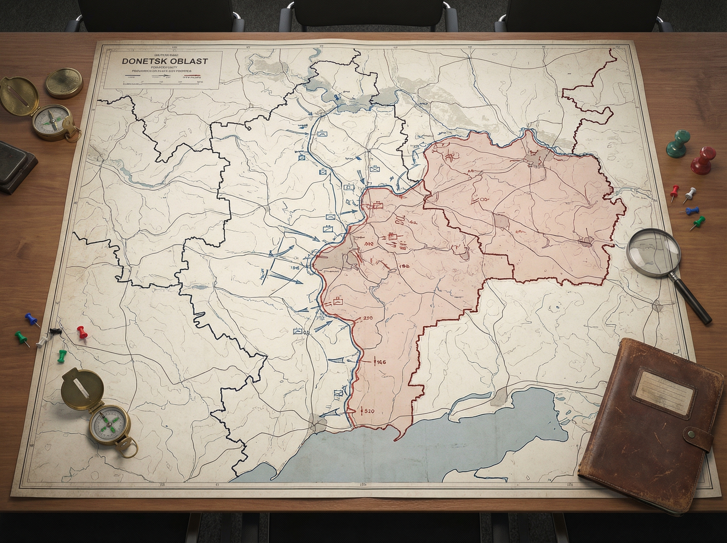 Strategic military map of Donetsk Oblast with frontline markings