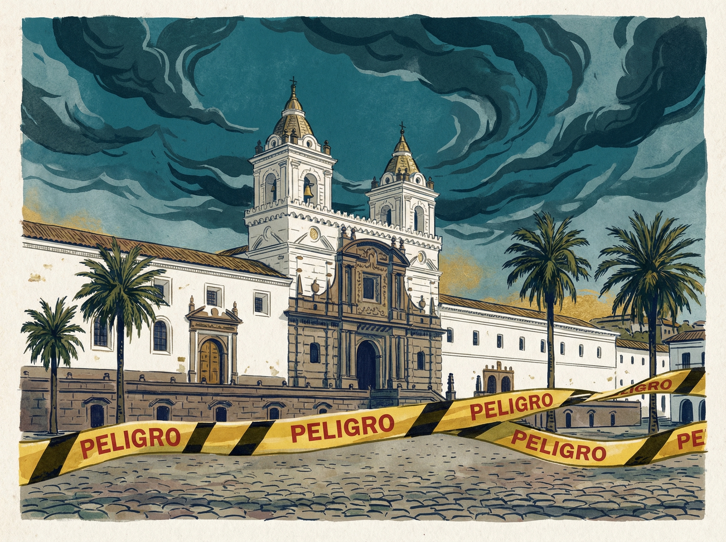 Ecuadorian colonial church with storm clouds gathering and caution tape floating in wind
