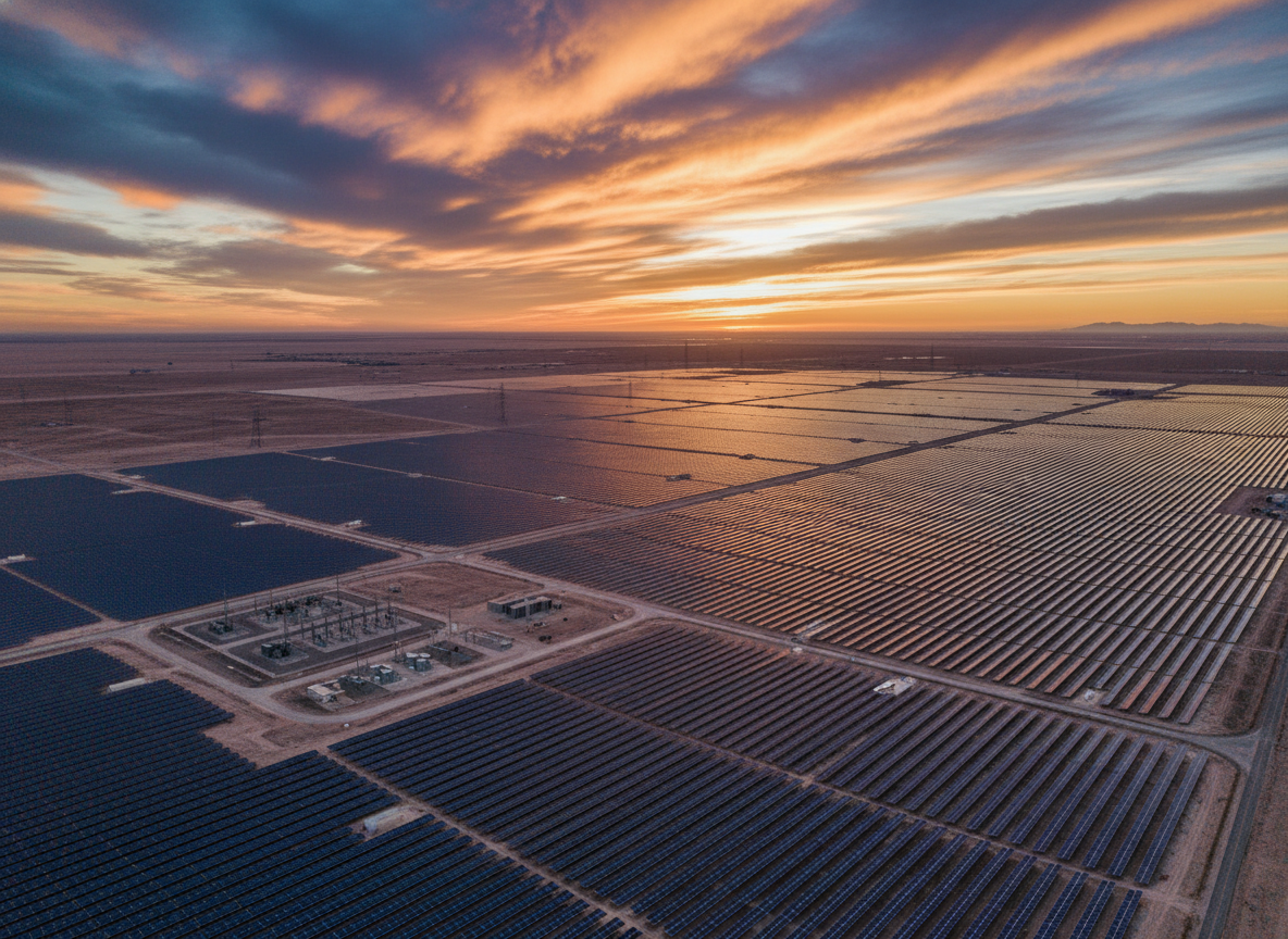 Vast utility-scale solar farm stretching to horizon at golden hour