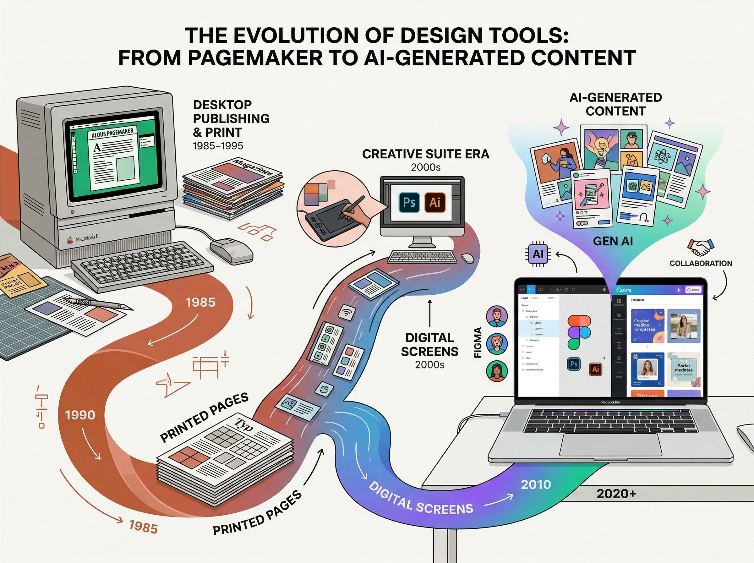 Visual evolution from a vintage Macintosh to modern Figma and Canva interfaces connected by a flowing design ribbon