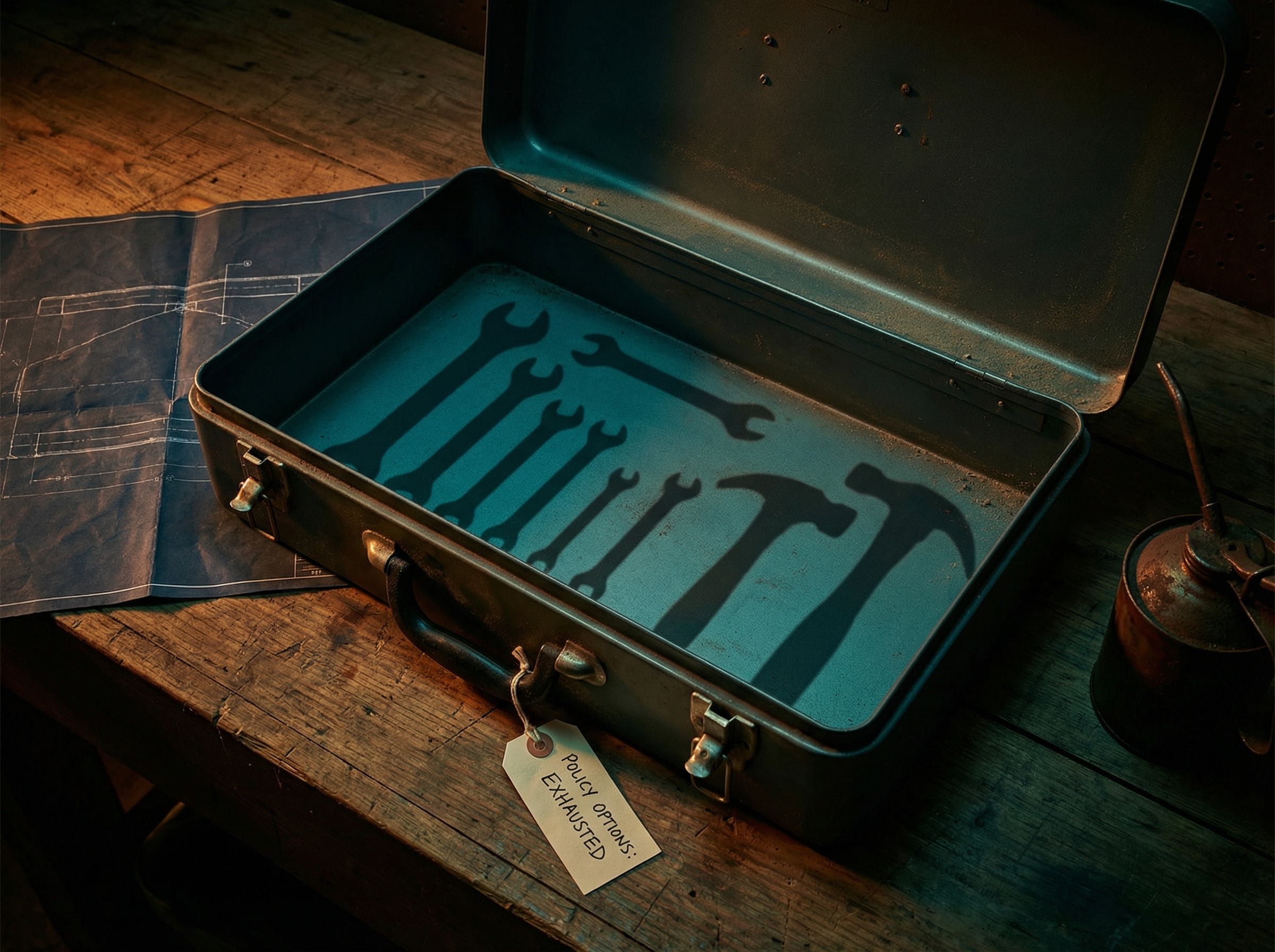 Empty toolbox on workbench with shadows where tools should be, metaphor for depleted policy options