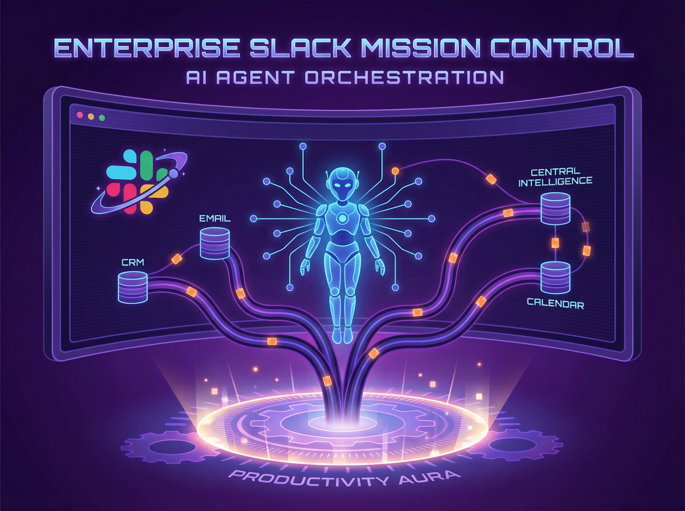 Enterprise Slack interface transformed into mission control with AI agent orchestrating connected systems