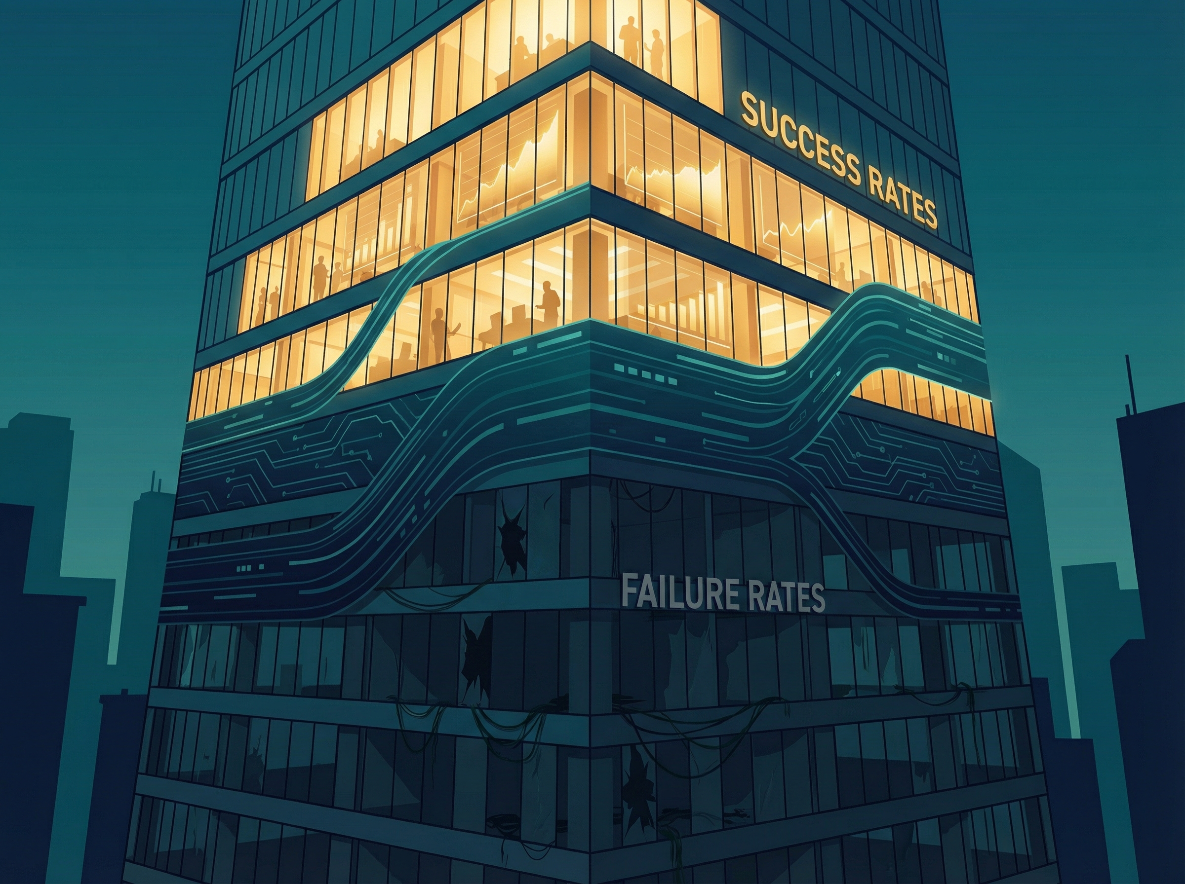 A corporate skyscraper with half its floors lit in gold and the other half dark, representing enterprise AI project success versus failure