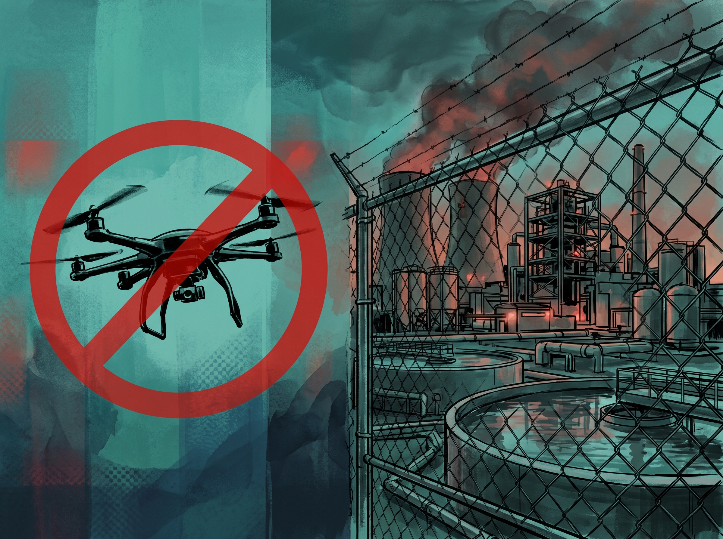 Split image of a drone with prohibition symbol and critical infrastructure behind a fence