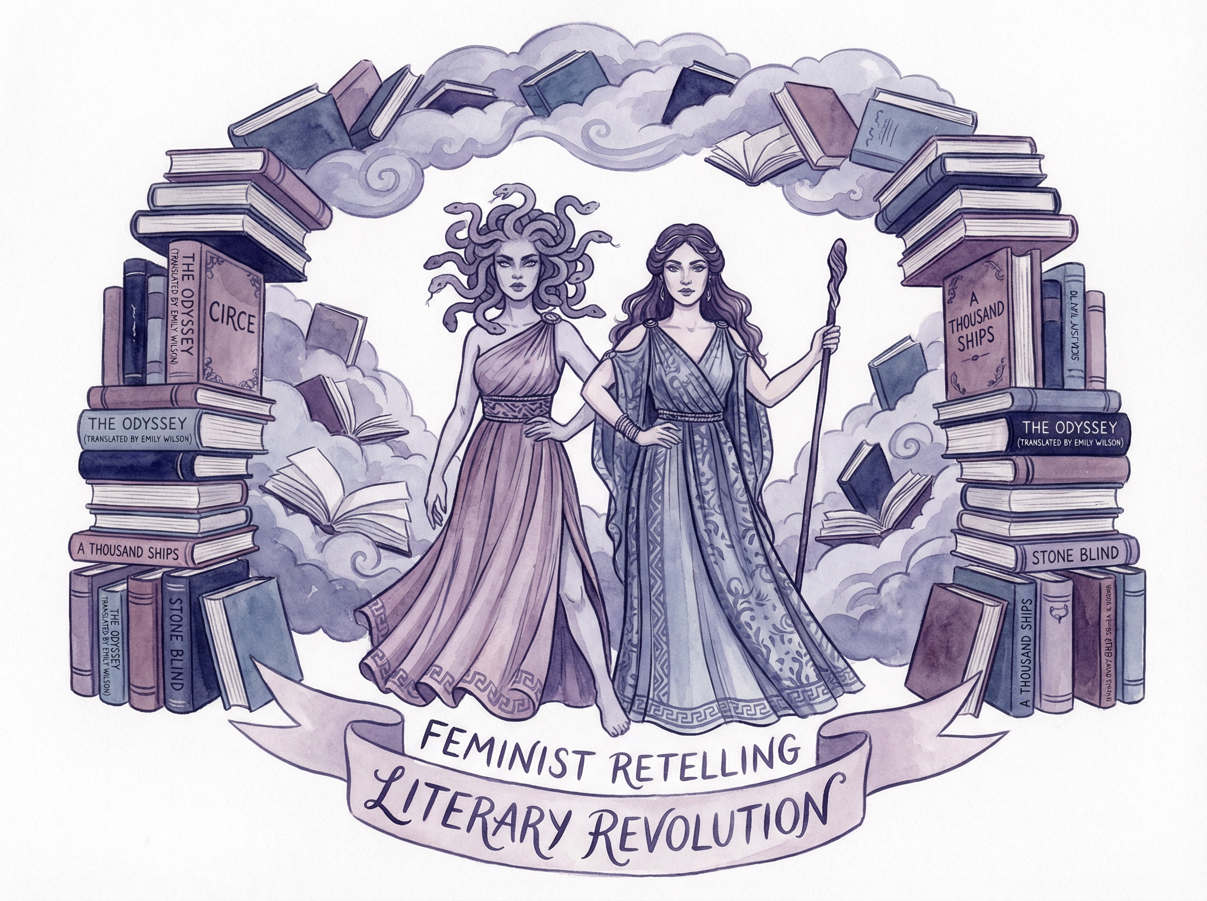 Medusa and Circe as powerful women surrounded by stacks of modern books