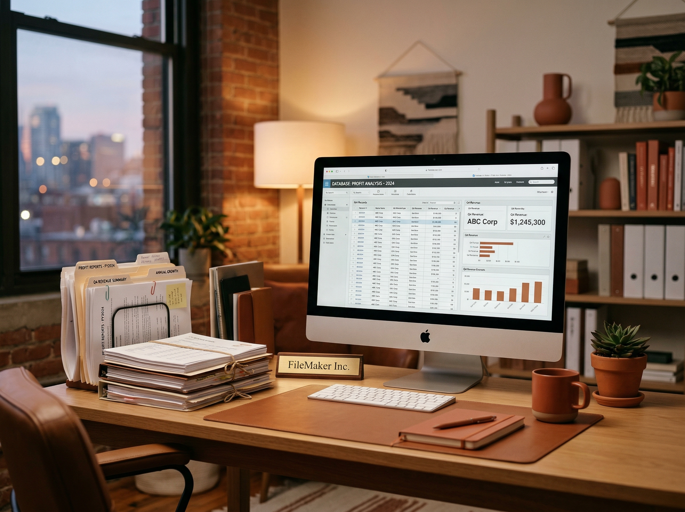A quiet office with a computer showing a database interface and stacks of profit reports, representing FileMaker's steady success