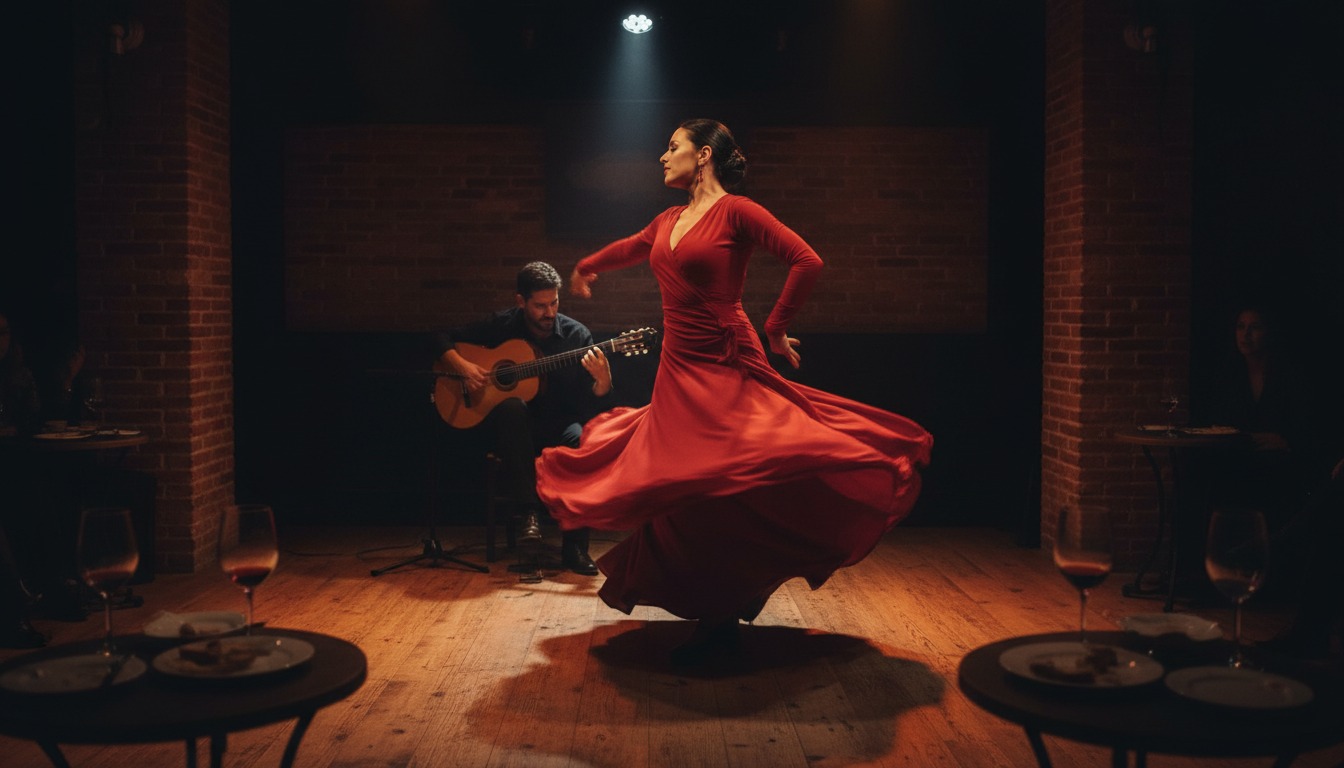 Dramatic flamenco dancer in a red dress mid-twirl in an intimate tablao venue with guitarist in shadows