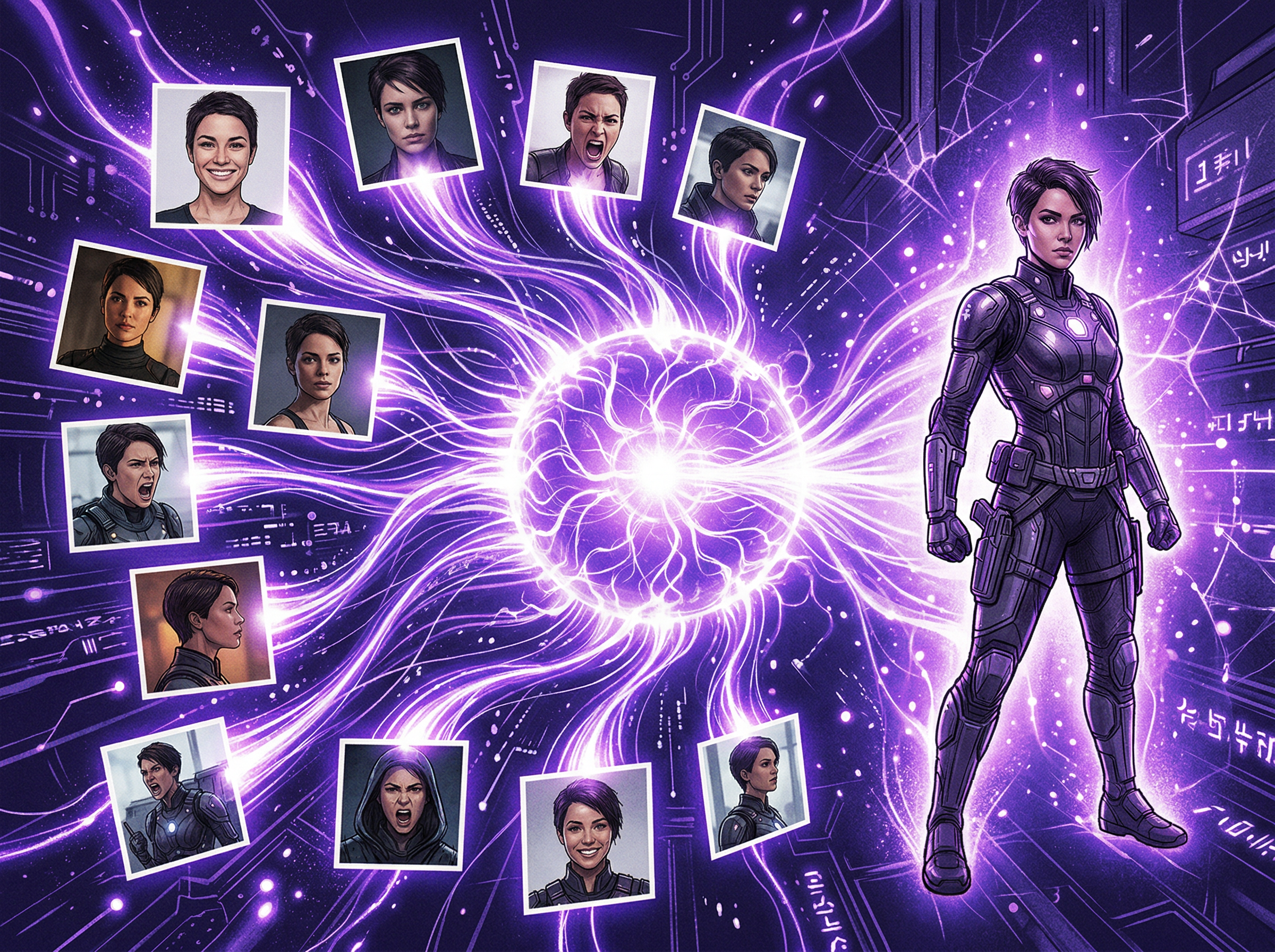 An artistic visualization of multiple reference photographs being synthesized into a glowing central orb that projects a consistent character design outward