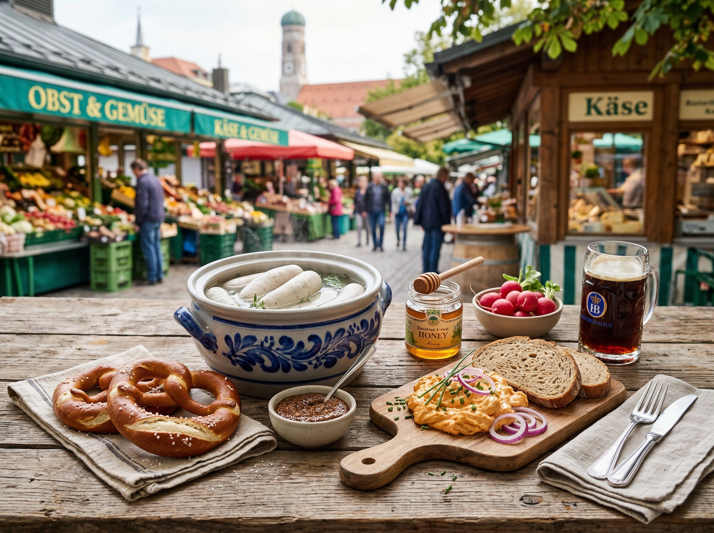 Artisan Bavarian breakfast spread at Viktualienmarkt with Weißwurst, pretzels, Obatzda cheese, and local honey on a rustic market table