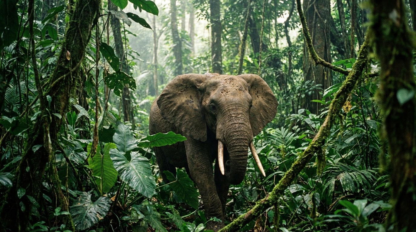 African forest elephant emerging from dense tropical jungle in Gabon