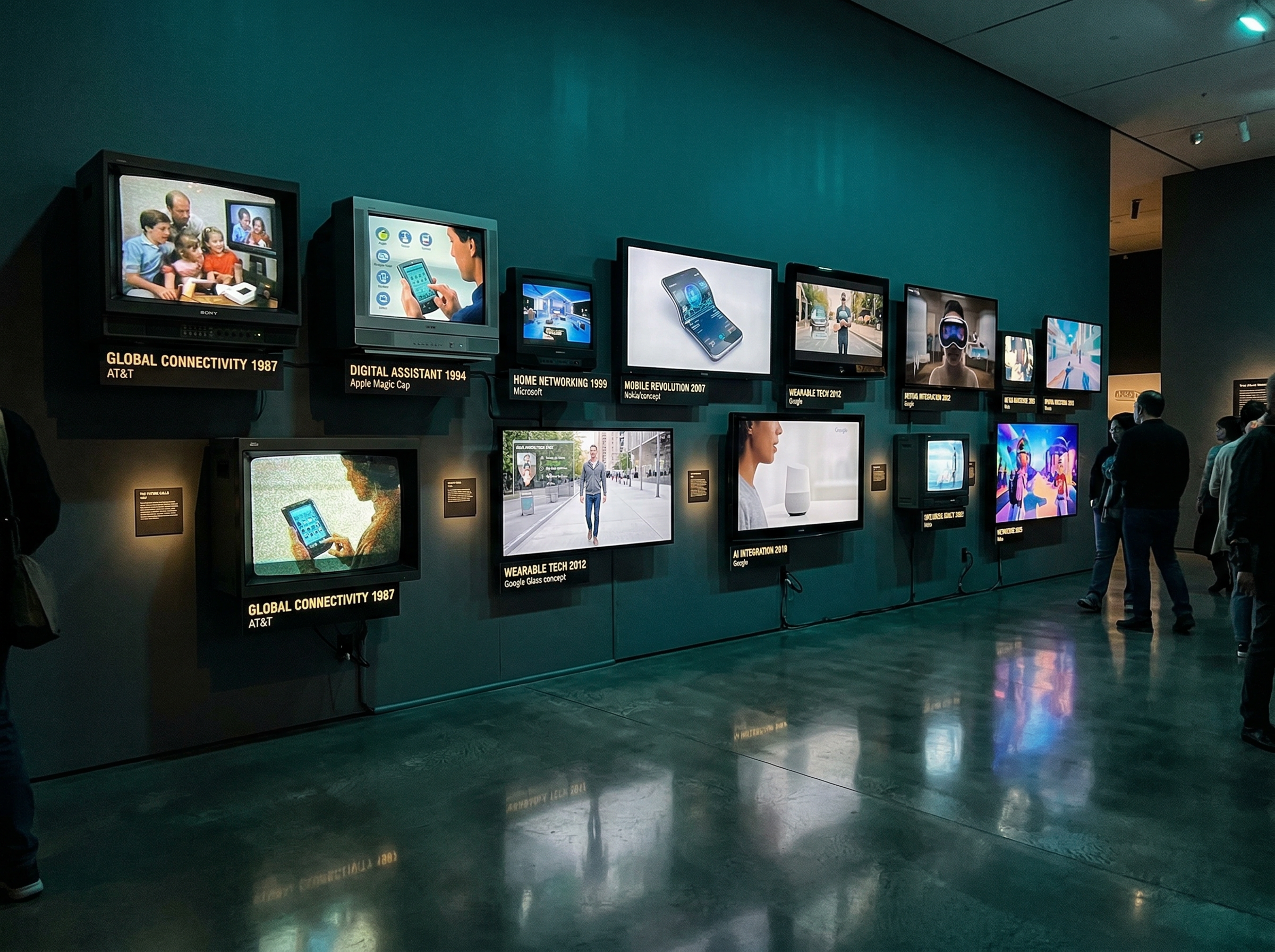 A gallery wall showing multiple screens playing different tech company concept videos through the decades