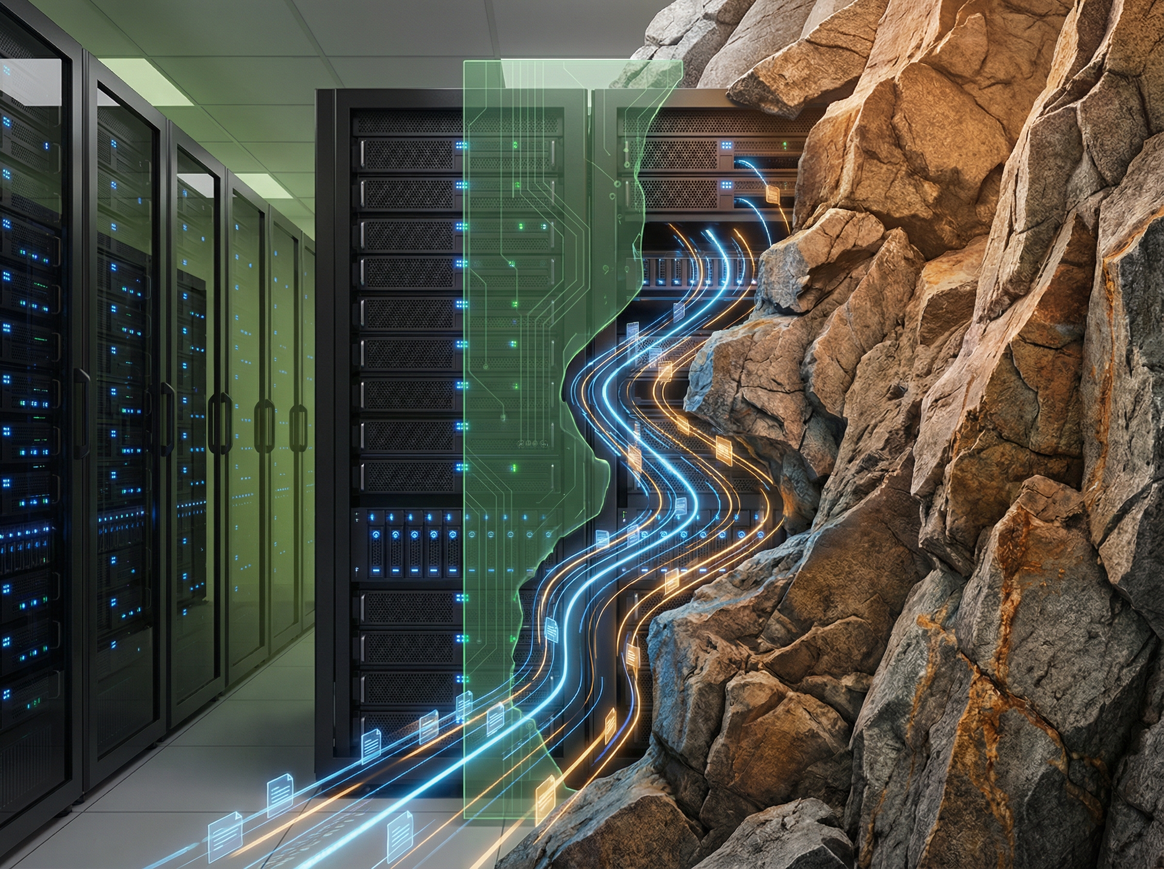 Conceptual illustration showing modern servers merging with raw granite walls