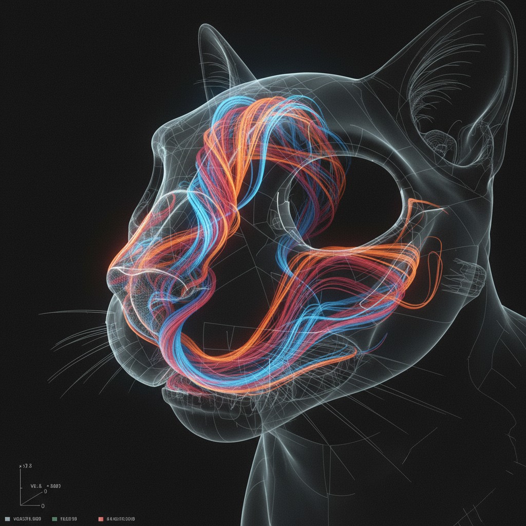 Abstract visualization of airflow streams spiraling through a feline nasal cavity, computational fluid dynamics aesthetic