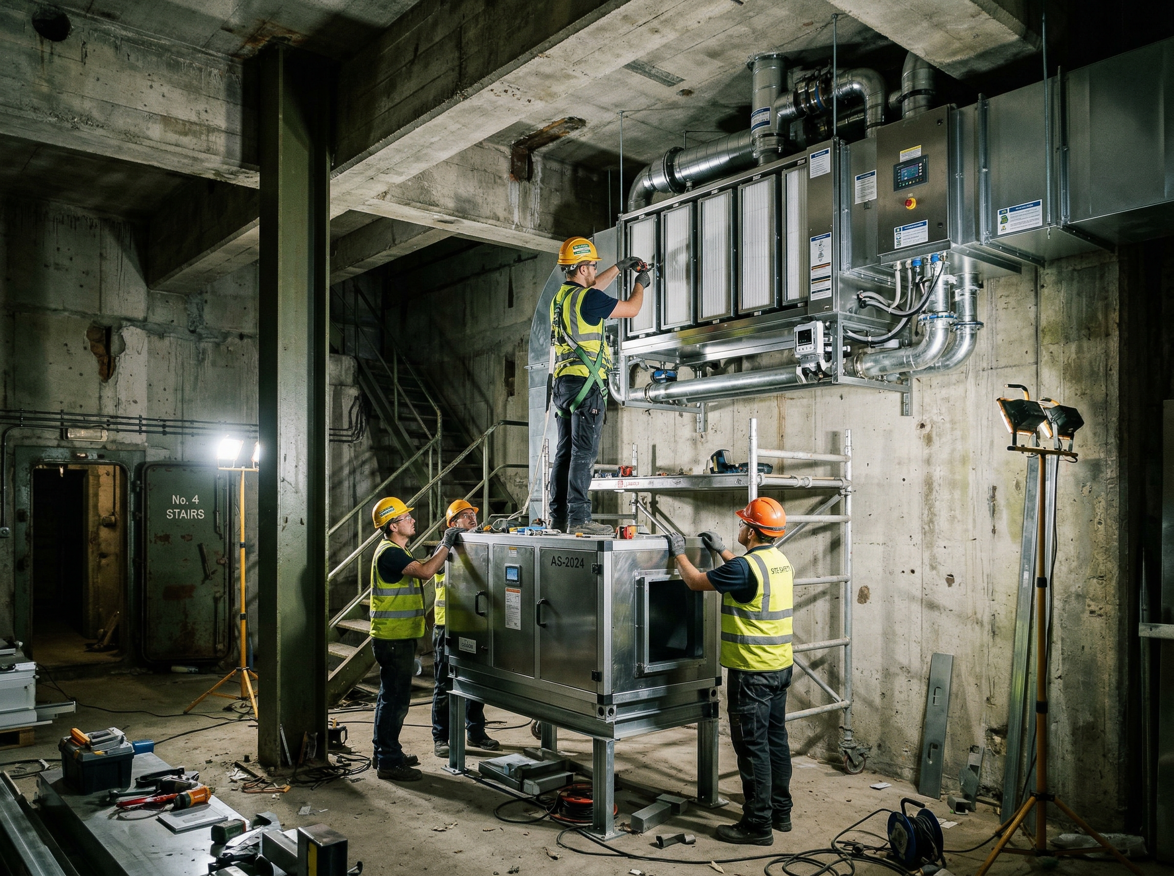 Workers installing modern air filtration equipment inside a massive Cold War era concrete bunker