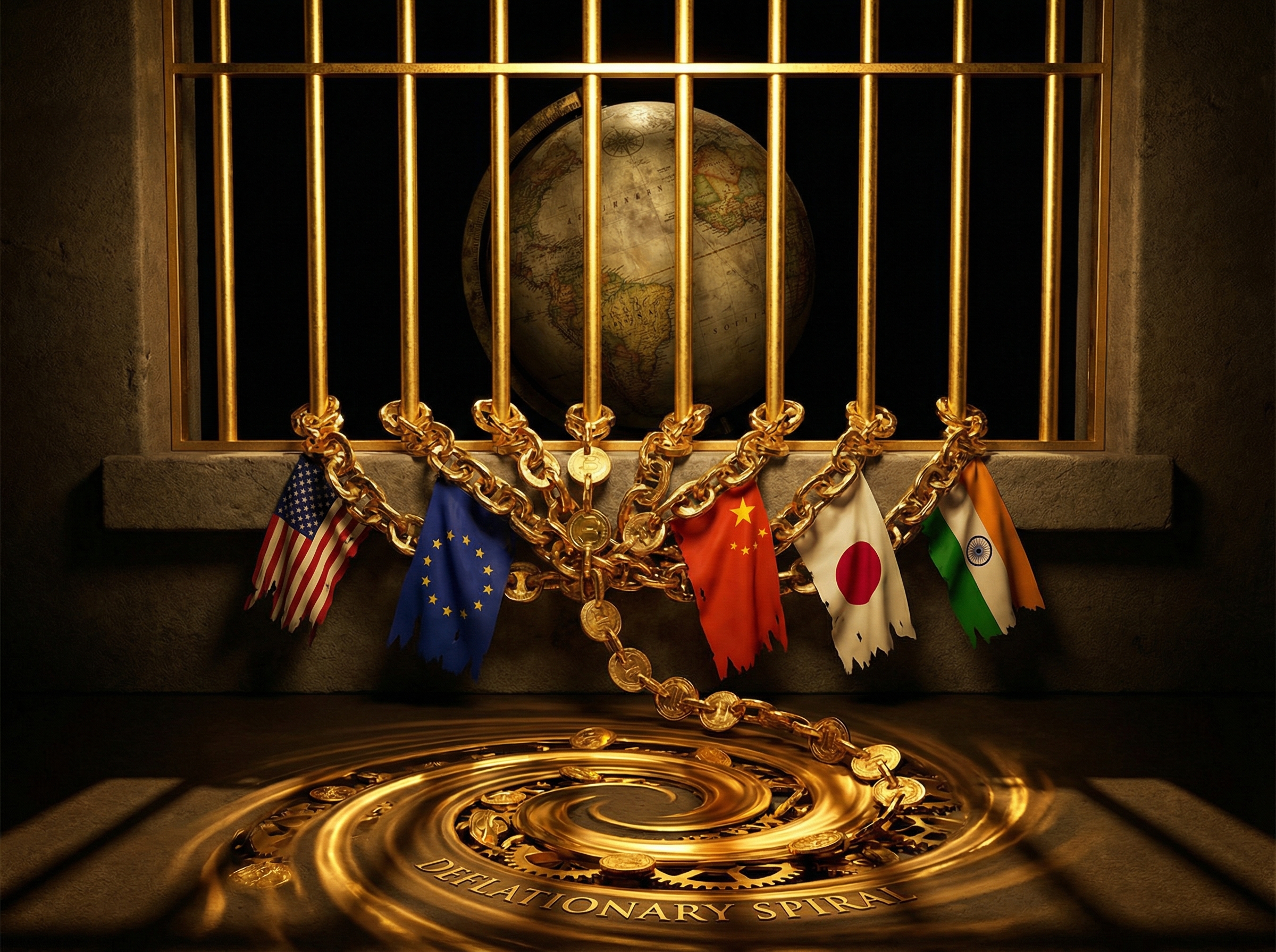 Gold bars forming prison bars with a globe trapped behind them, chains of gold coins