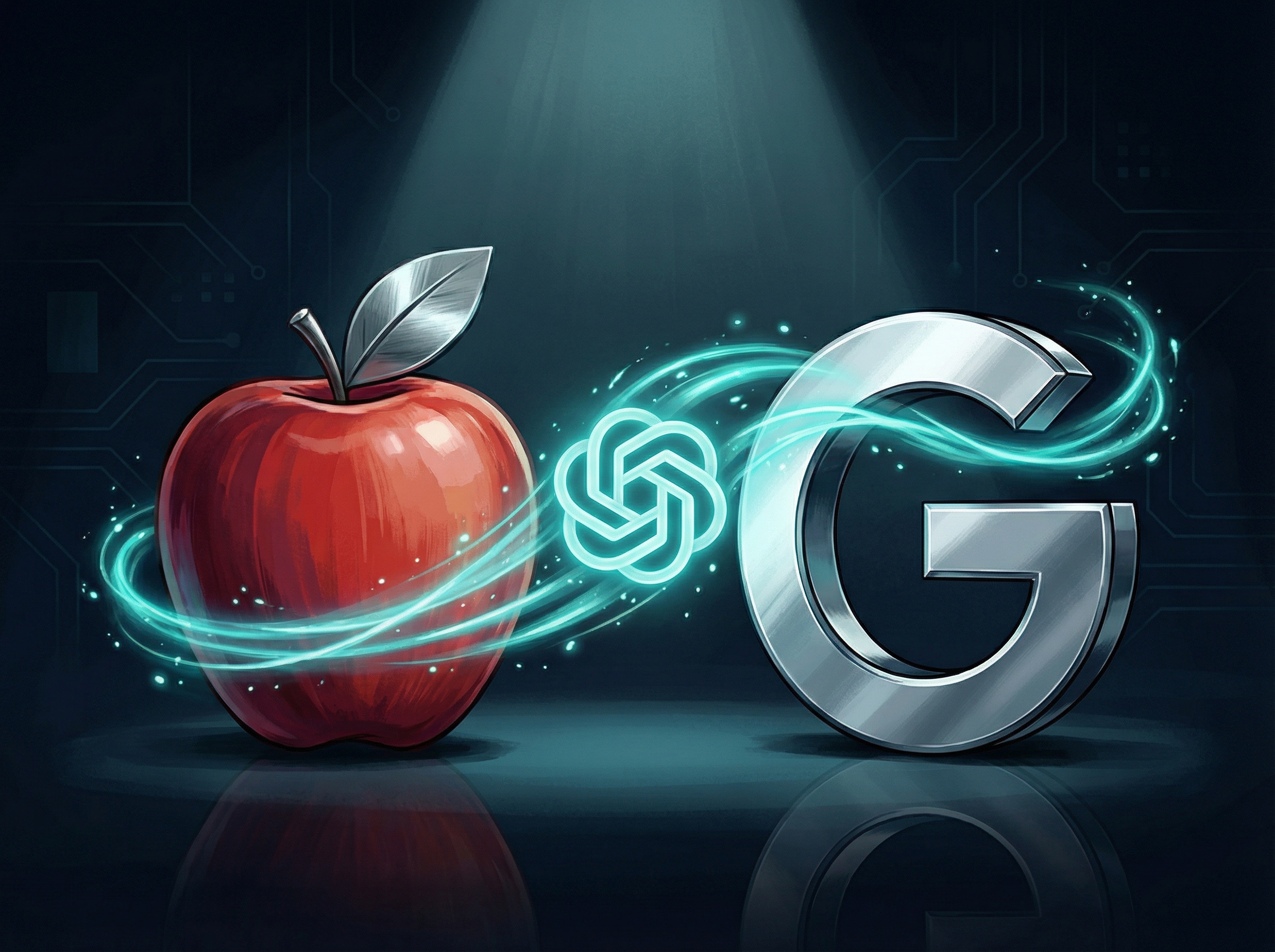 Apple and Google logos meeting with energy flowing between them