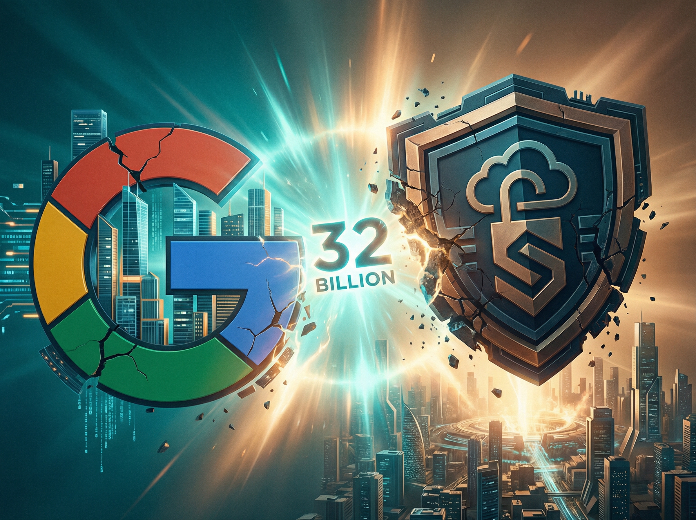 Two massive corporate entities merging like tectonic plates colliding, creating a shockwave of light between them