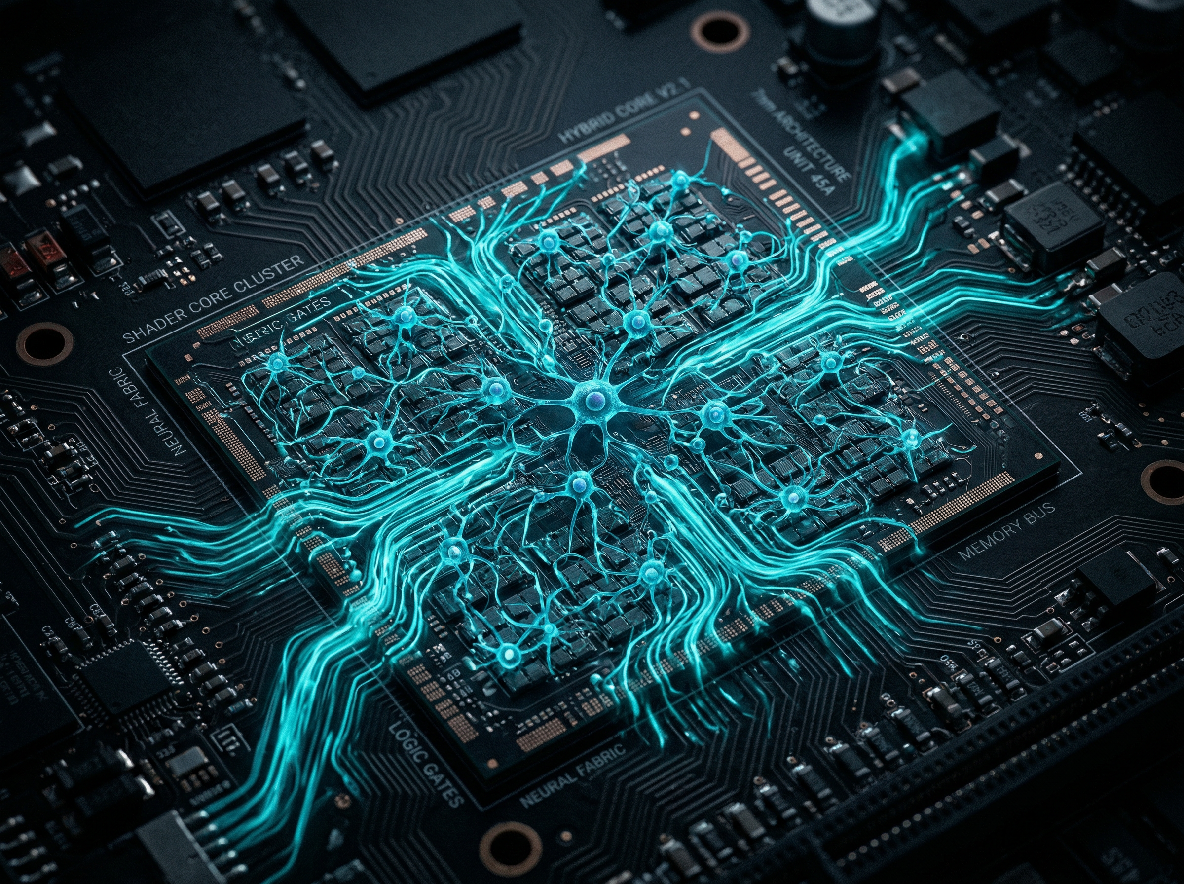 Neural network nodes embedded within GPU shader cores forming a hybrid circuit-brain architecture