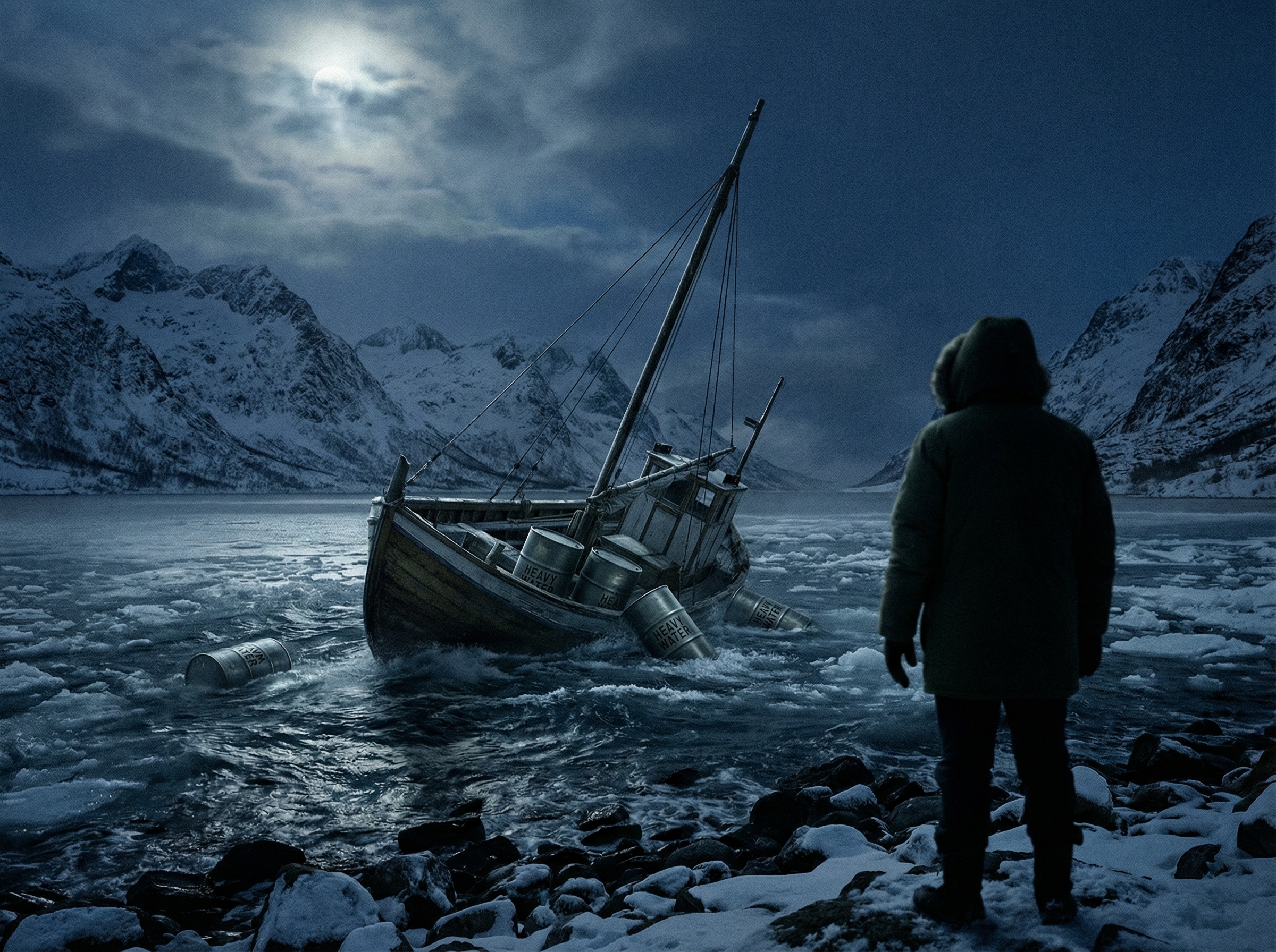 A frozen Norwegian mountain lake at night, a ferry sinking with barrels of heavy water, a lone saboteur's silhouette on the shore
