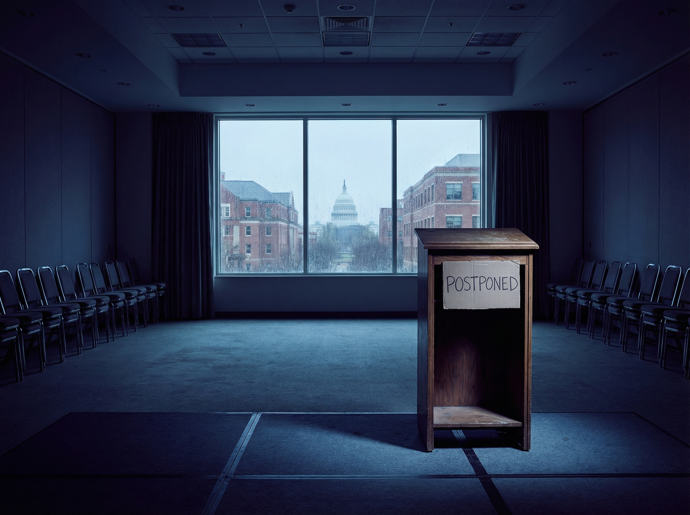 Empty conference room with postponed sign, representing the chilling effect