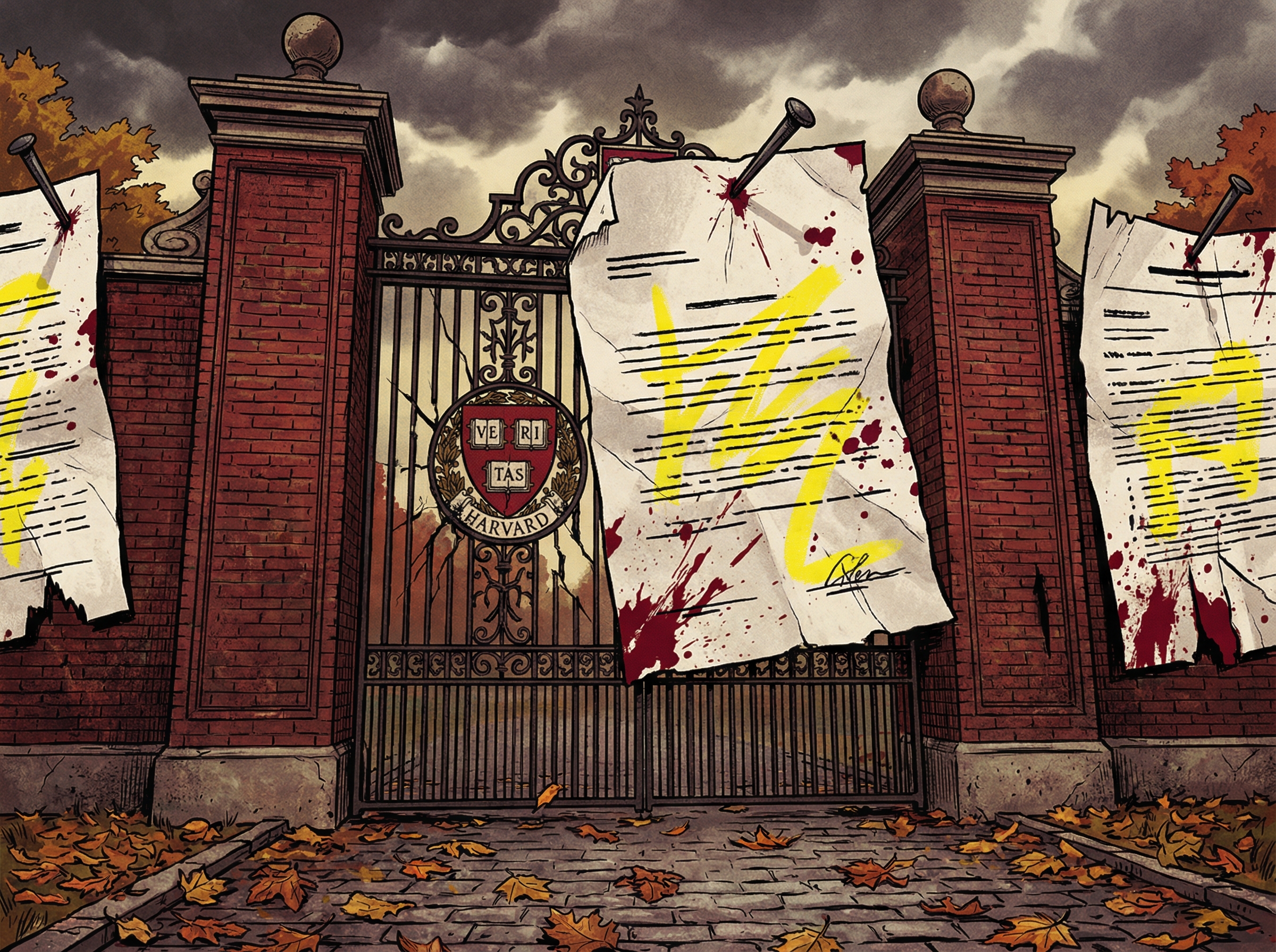 Harvard gates with legal documents pinned like medieval edicts, veritas seal cracking