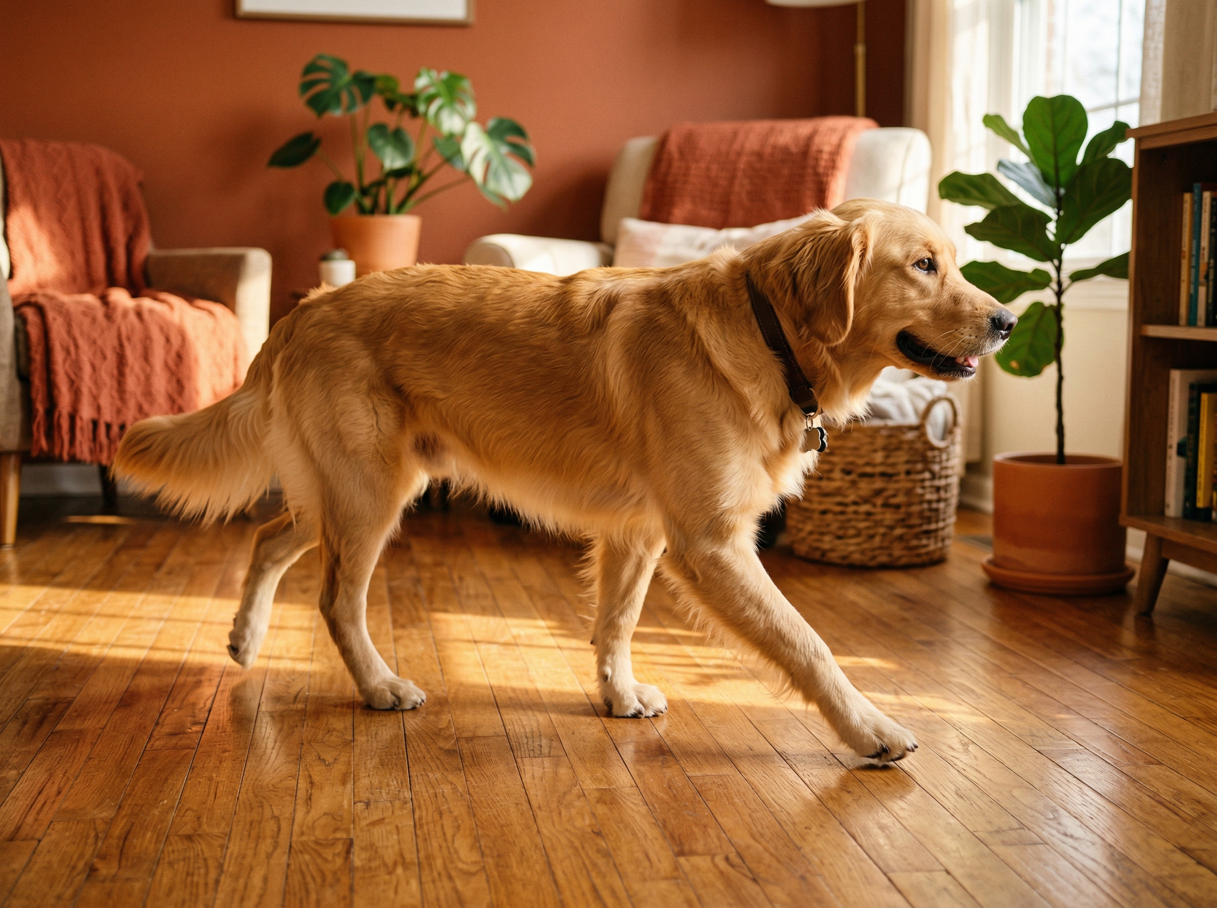 A dog walking confidently on a hardwood floor with well-trimmed nails visible