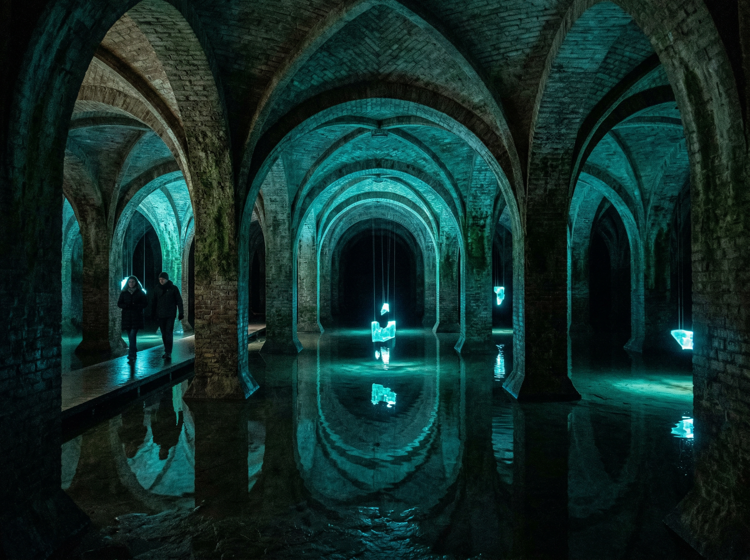 The subterranean Cisternerne art space with Gothic arched columns reflected in water and ethereal blue-green light installations