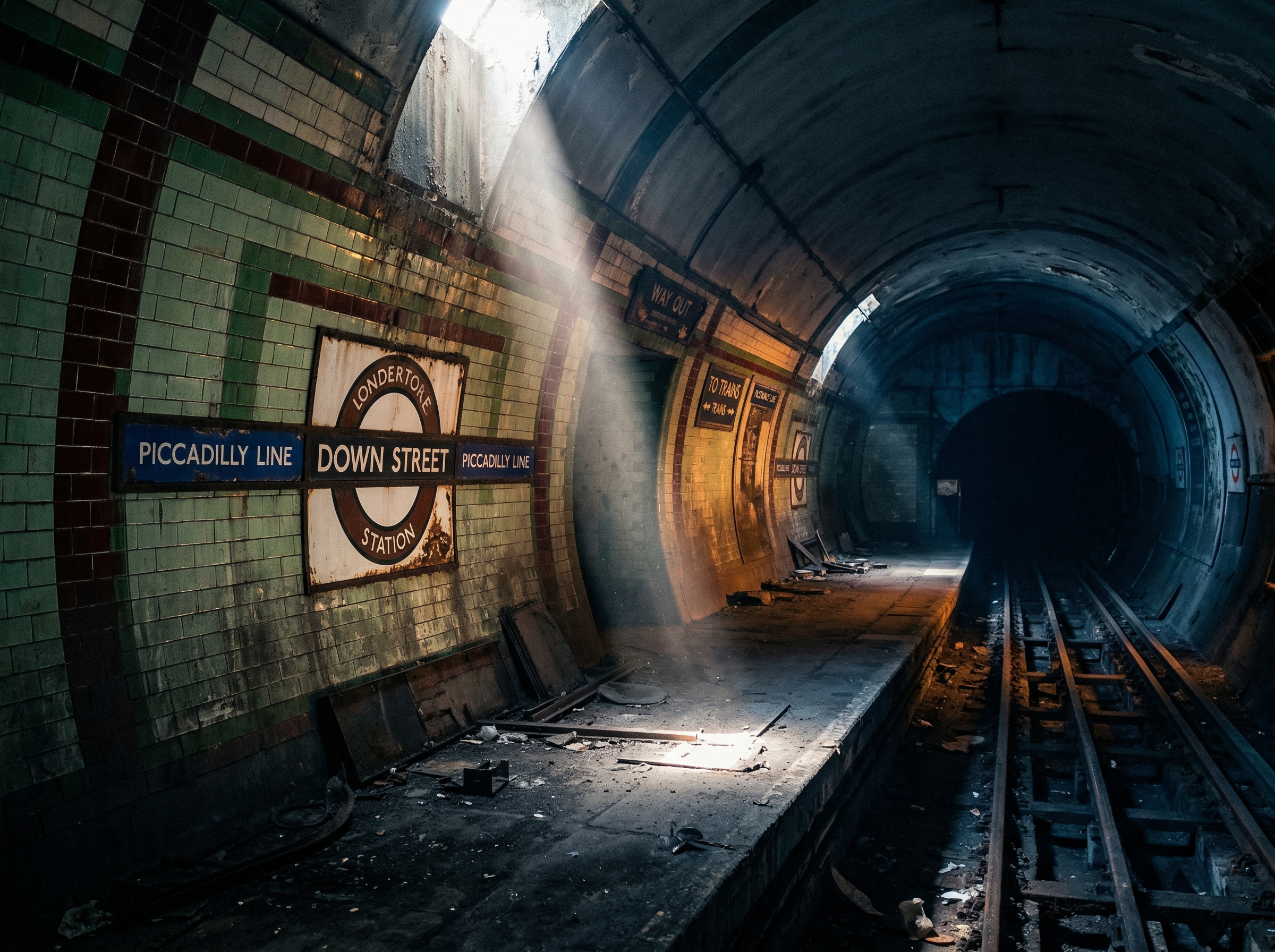 Abandoned ghost tube station platform with art deco tiles, dramatic light beam cutting through darkness