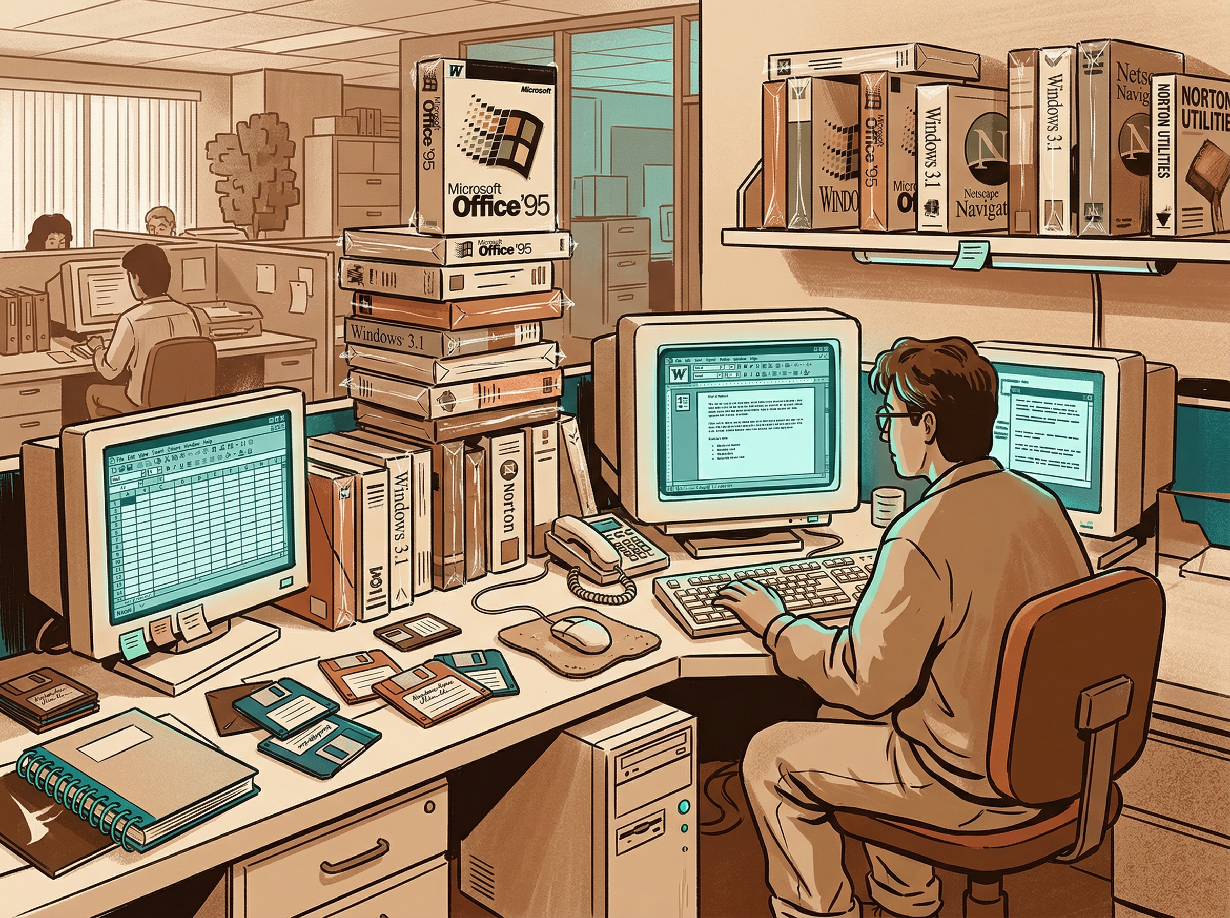 A vintage 1990s office scene with CRT monitors and shrink-wrapped software boxes, rendered in modern editorial illustration style