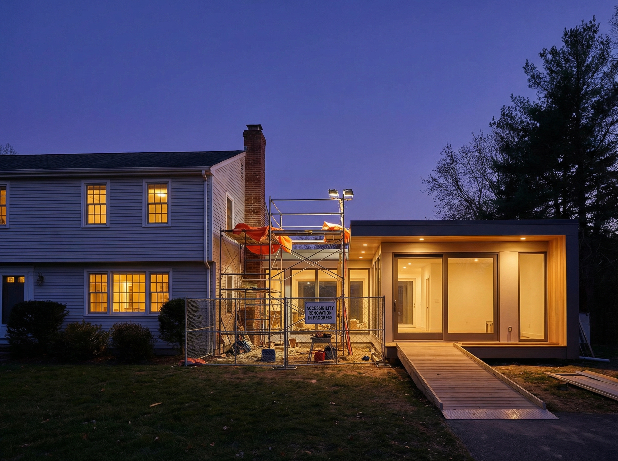 Suburban house mid-transformation from traditional colonial to accessible modern design with construction scaffolding