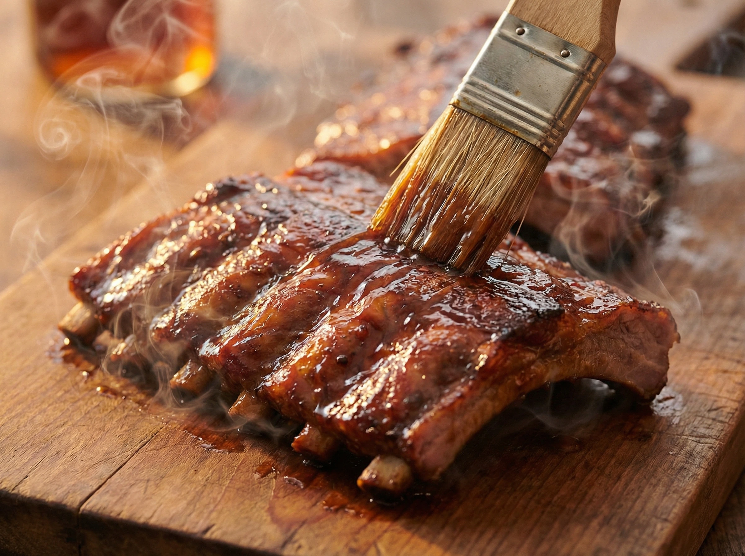 Ribs being brushed with thin vinegar glaze, mahogany sheen forming, smoke wisps