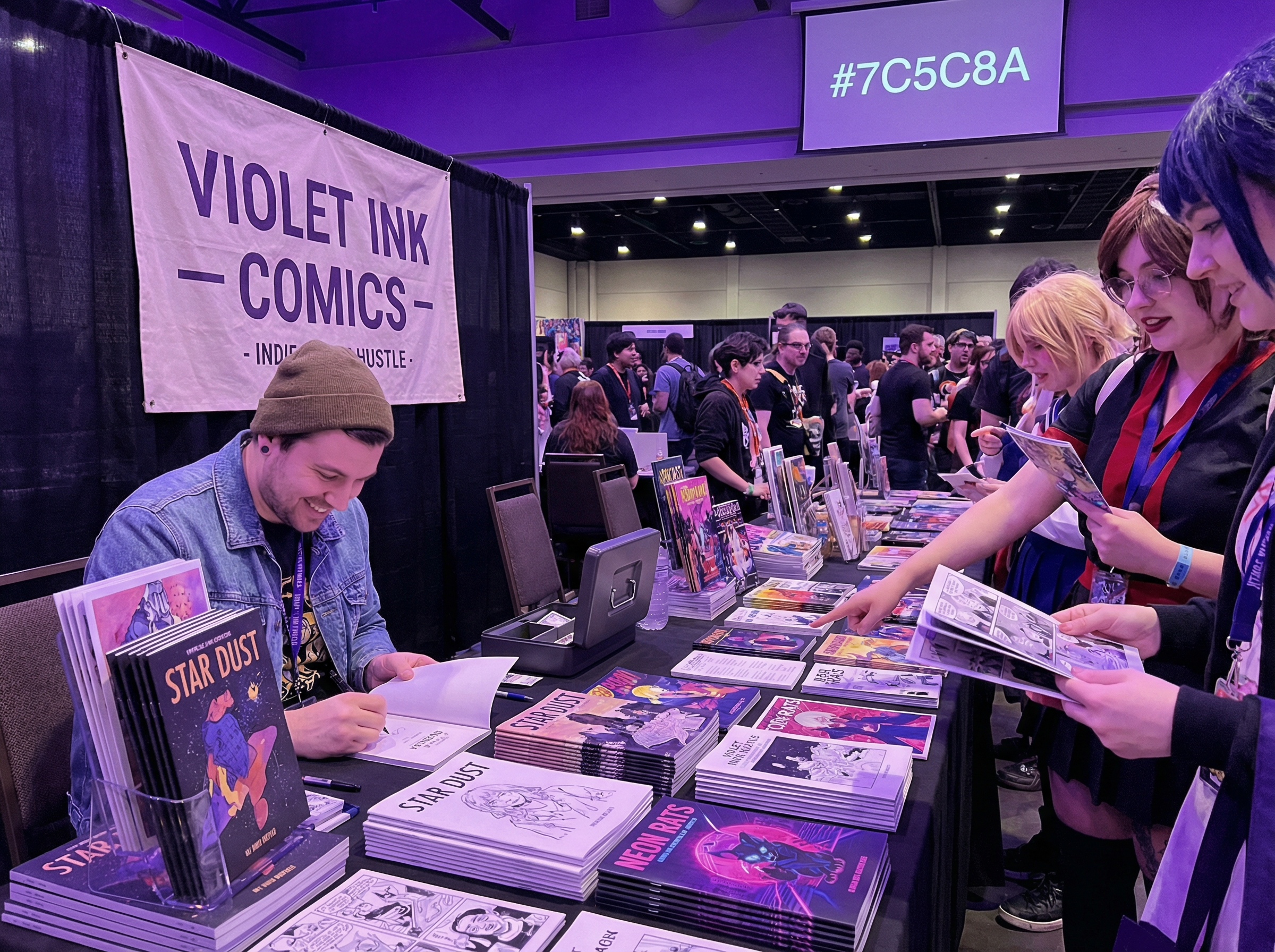 Artist alley booth at comic convention with stacked indie comics