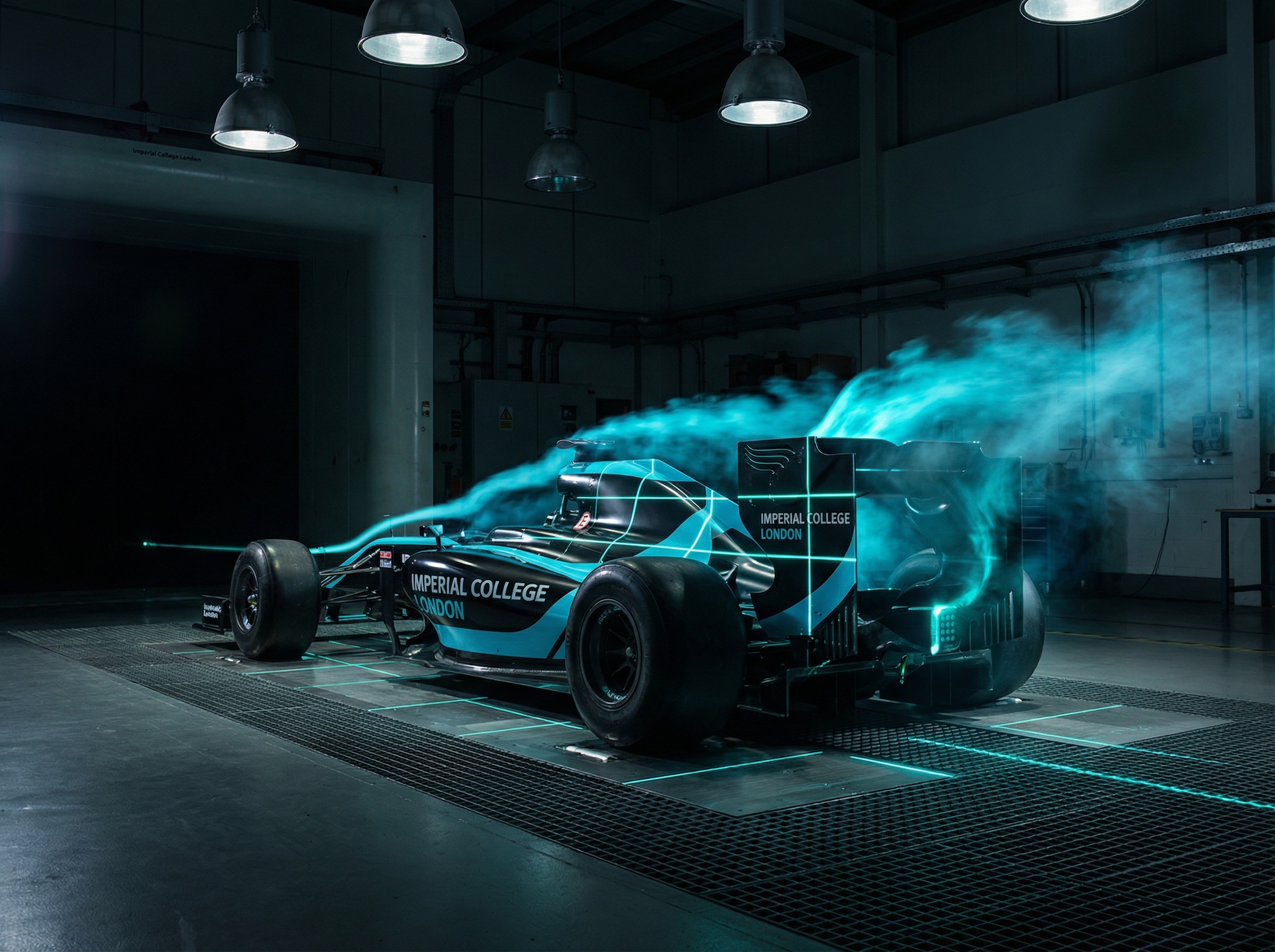 F1 car in wind tunnel with aerodynamic smoke trails