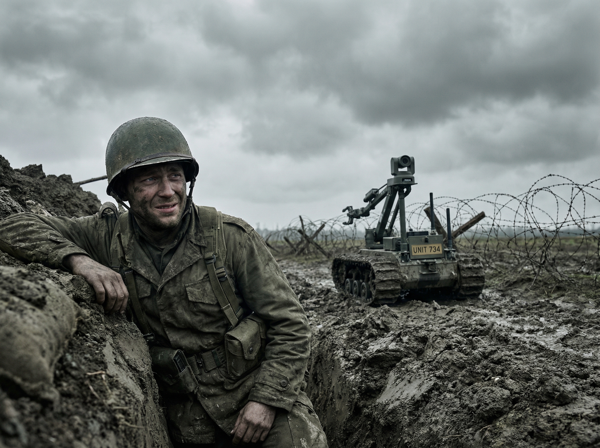 An infantry soldier in a trench watching a small ground robot approach through mud and barbed wire