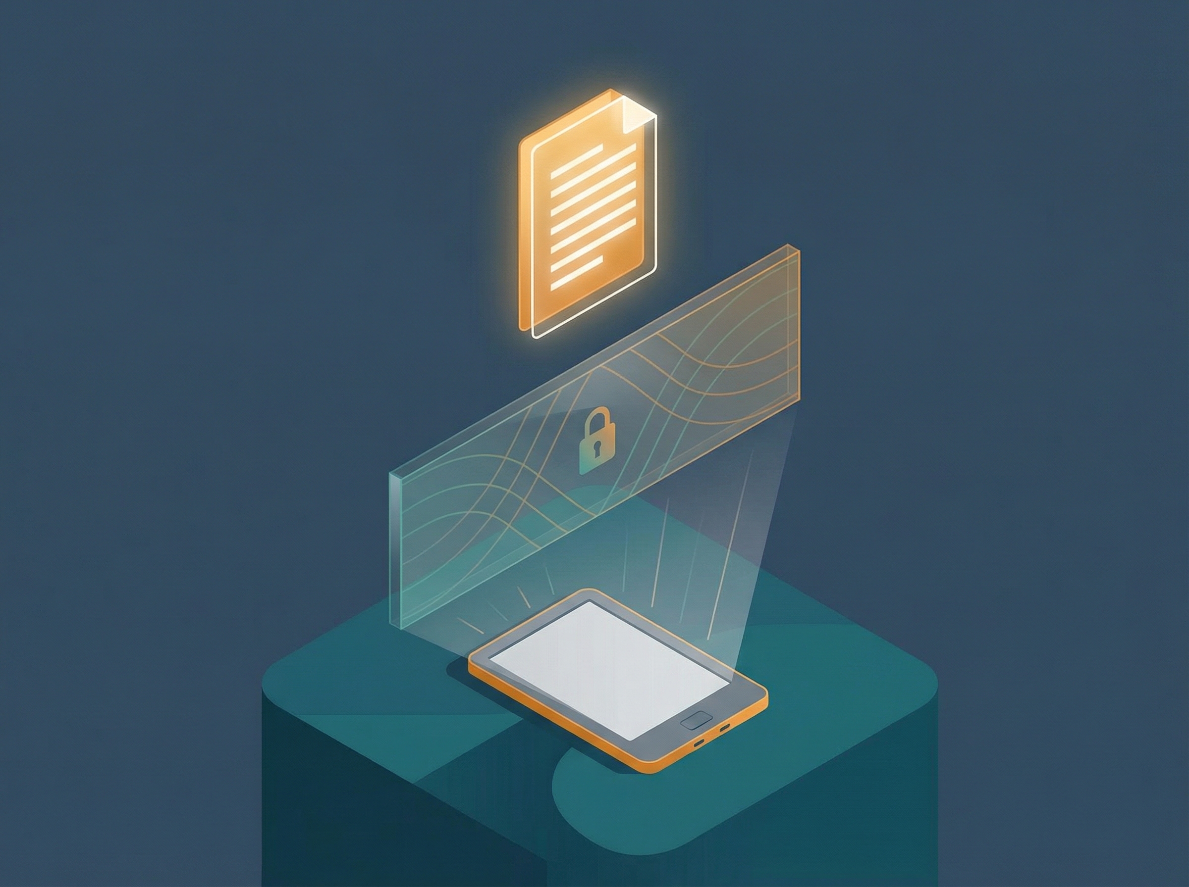 A conceptual illustration of a digital article behind a translucent paywall barrier, with a Kindle device below