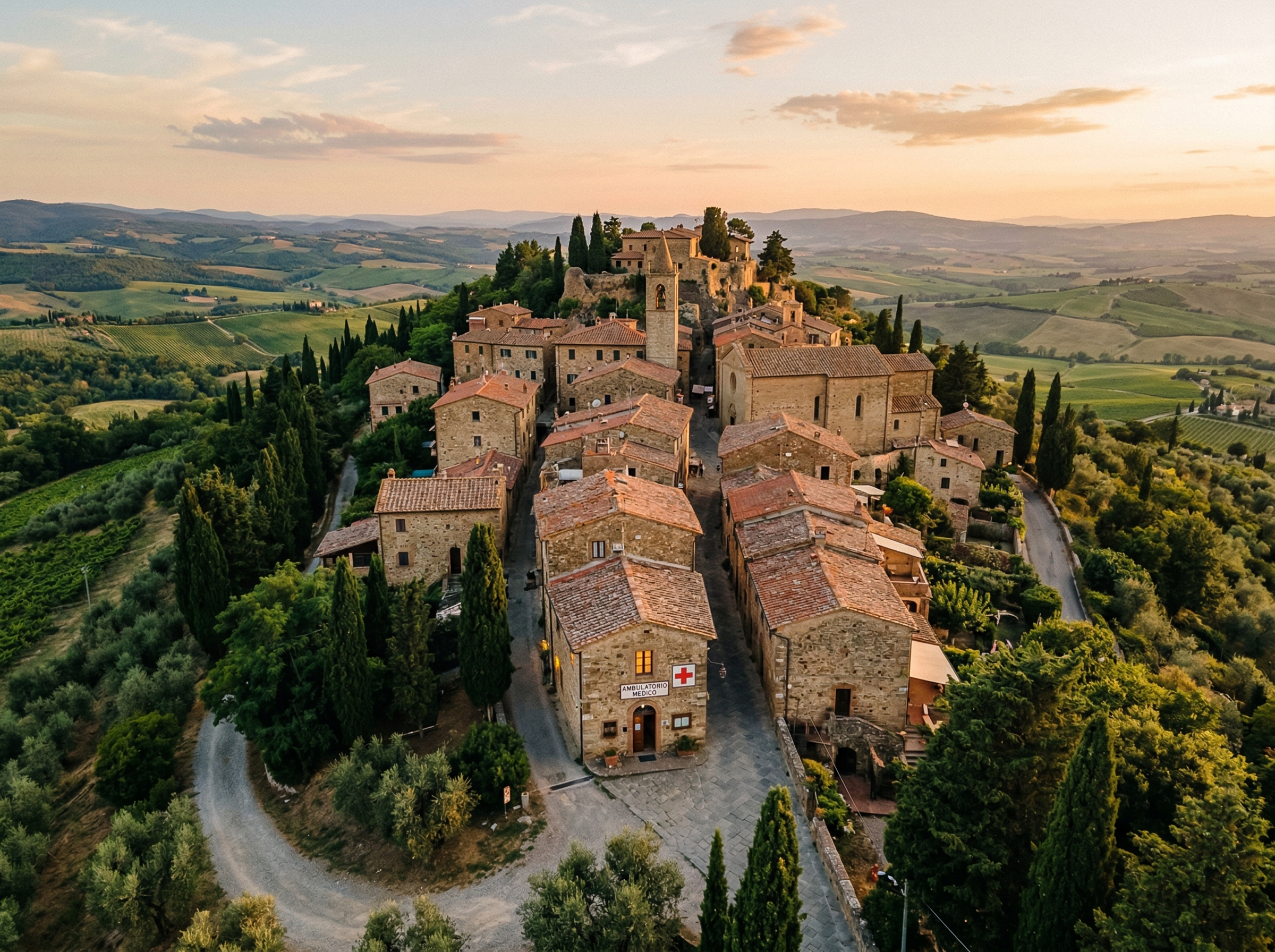 Italian hilltop village in Tuscany with cypress trees and a medical clinic