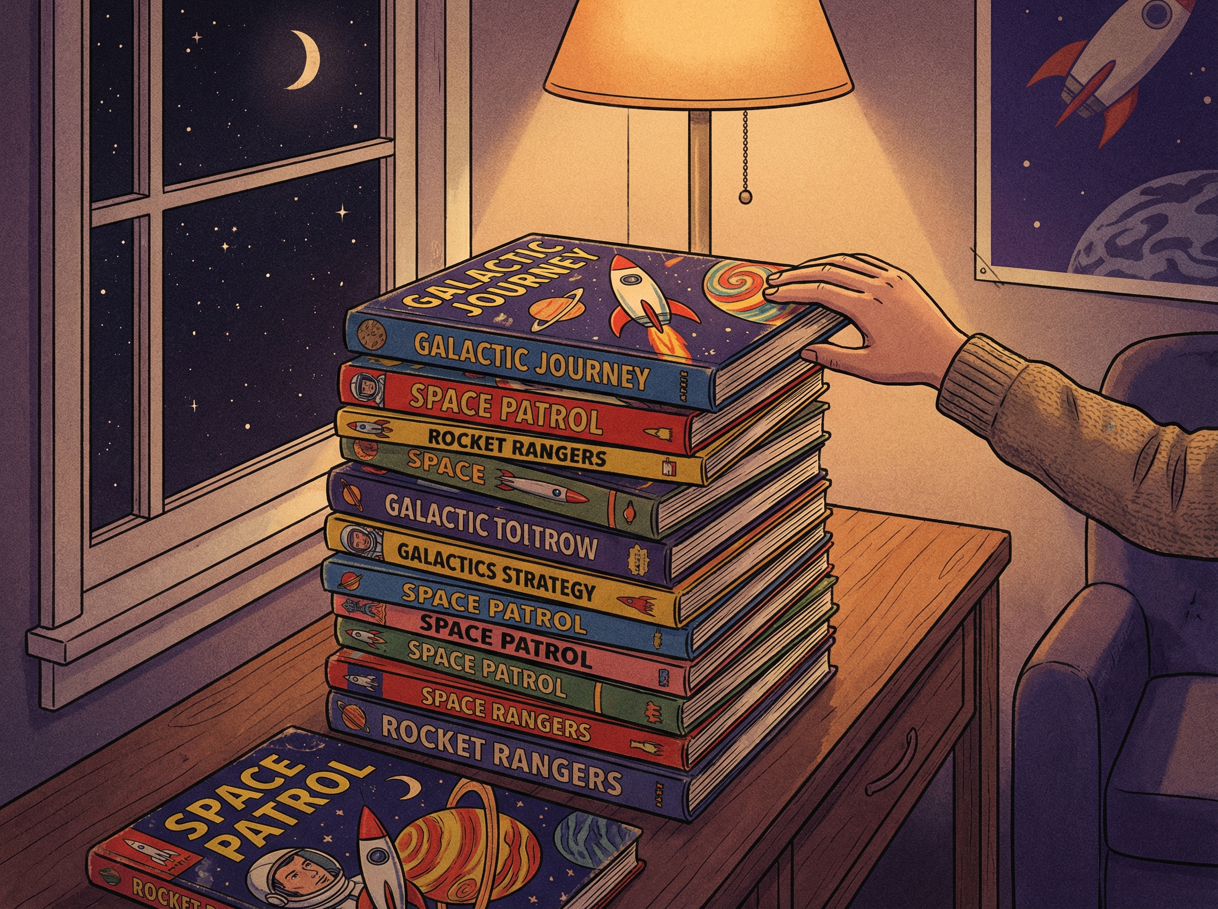 A stack of colorful vintage 1950s science fiction paperbacks with rocket ships, a young hand reaching for the top book