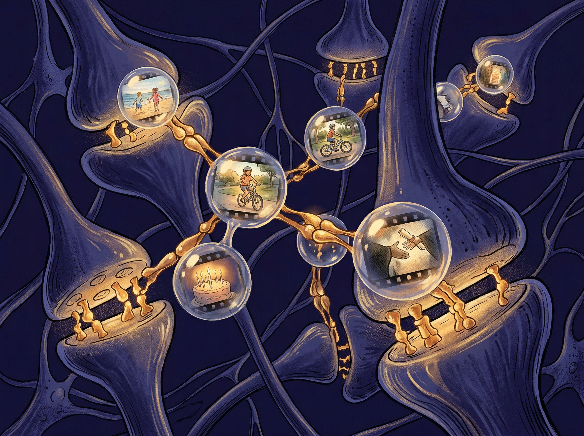 Microscopic view of synaptic connections with glowing amber molecular bridges holding together vivid memory fragments of film scenes