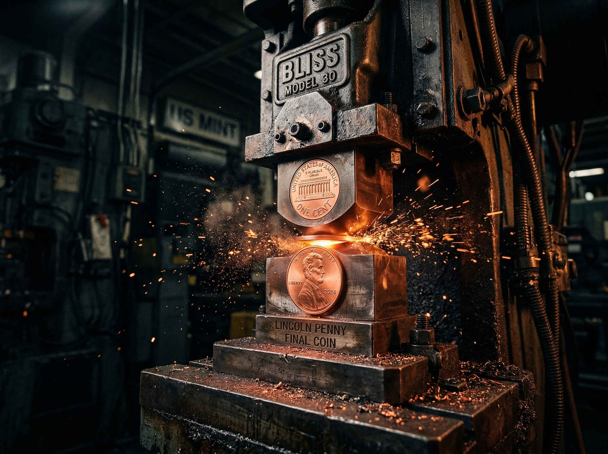 A coin press stamping the final Lincoln penny, sparks and copper dust illuminated by dramatic industrial lighting