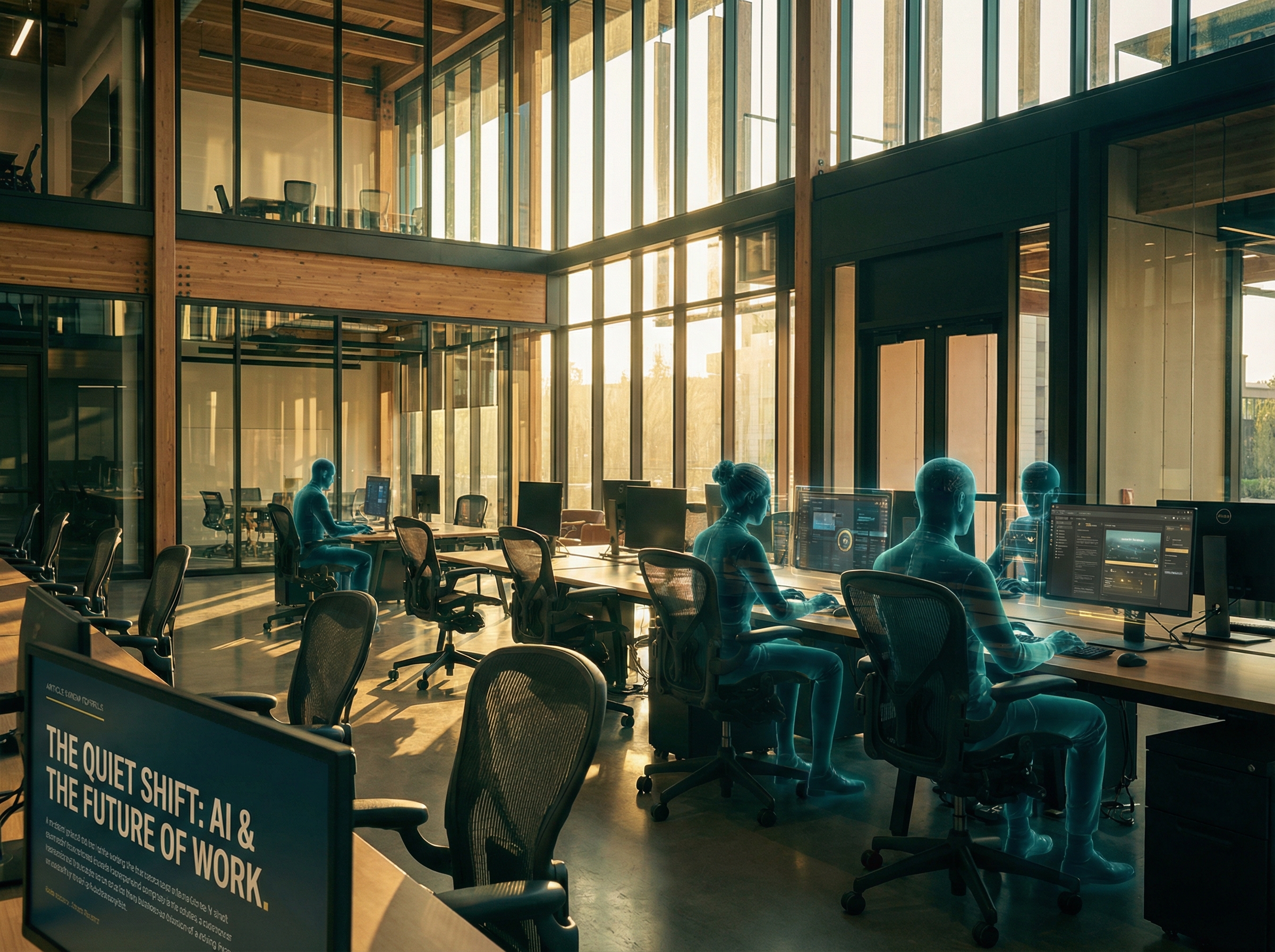 Empty office chairs in a modern tech campus with morning light streaming through windows and holographic AI avatars working at some desks