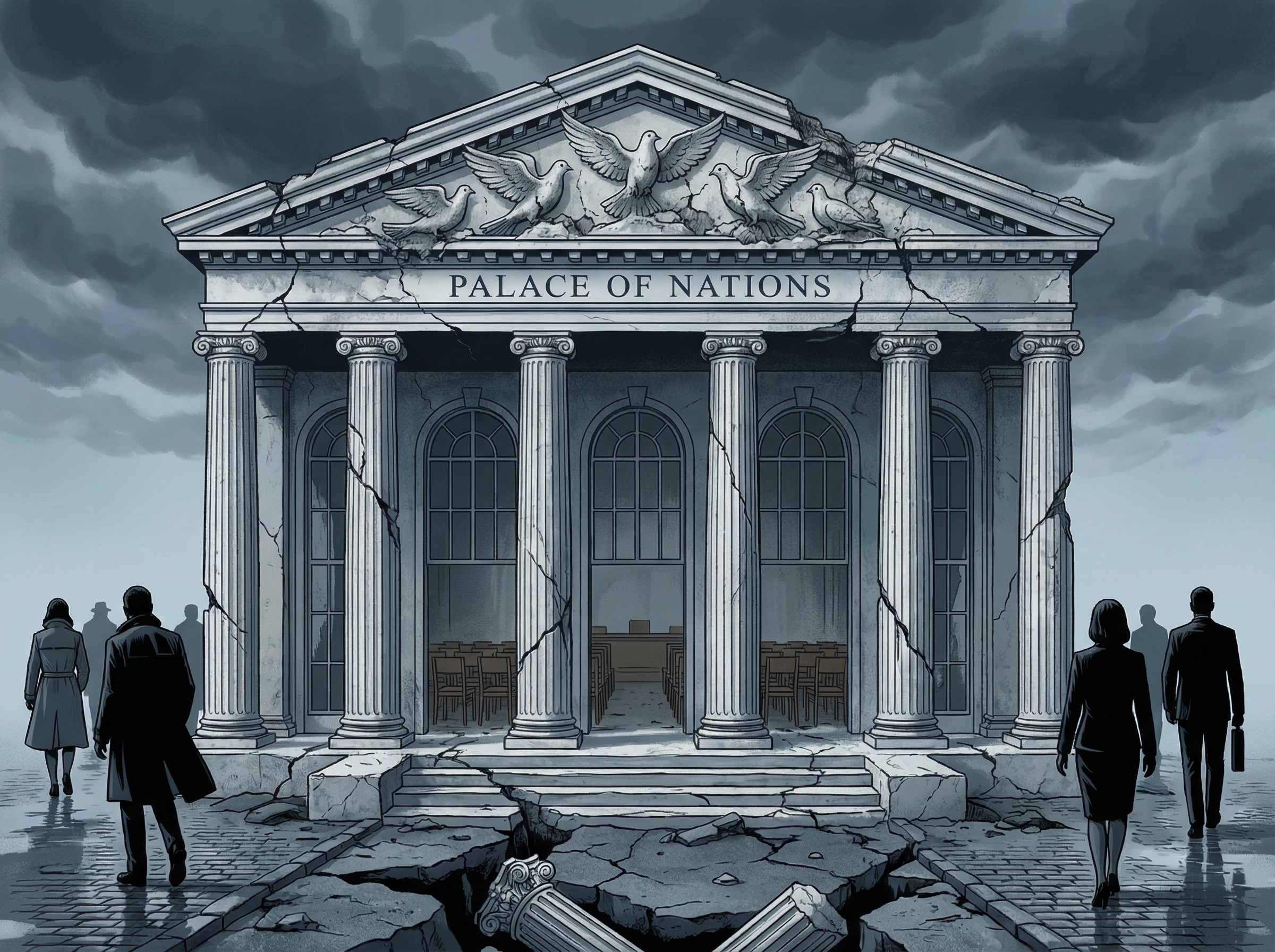 A grand but crumbling neoclassical building with cracking pillars and weathering stone doves, empty chairs visible through windows, storm clouds gathering