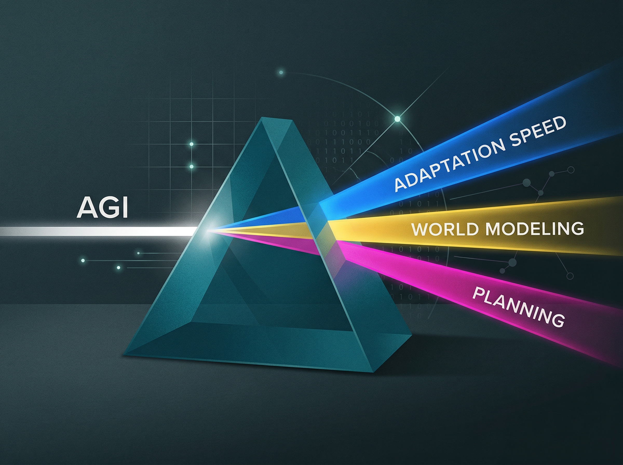 A crystal prism splitting light into multiple colored beams, representing the decomposition of AGI into specific intelligence metrics