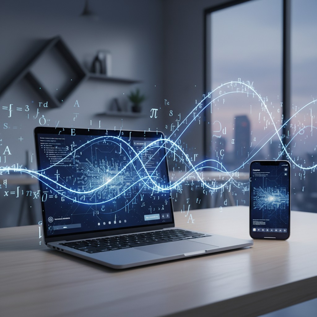 Modern MacBook, iPhone, and printer connected by ghostly indigo Bezier curves and PostScript operators flowing between devices