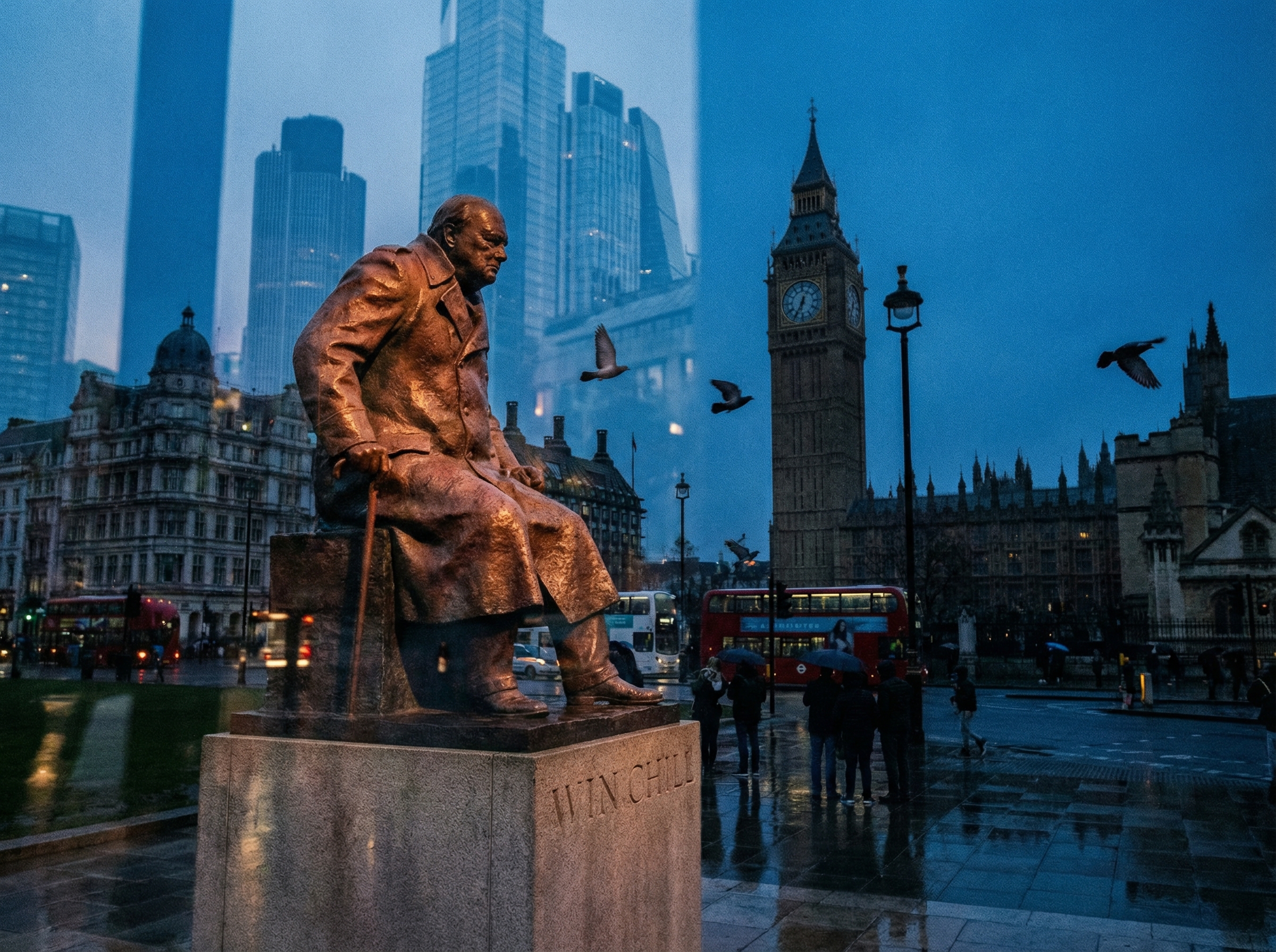 The Churchill statue in Parliament Square, London, against a stormy sky