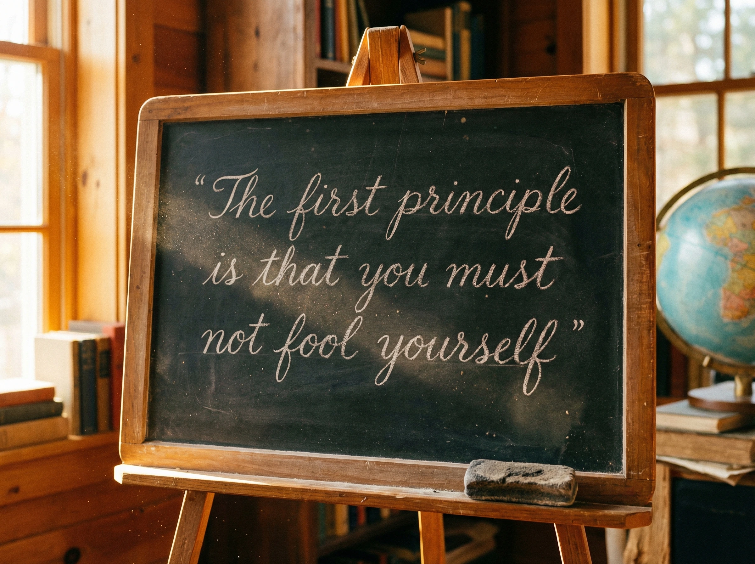 Quote written in chalk on vintage blackboard about not fooling yourself